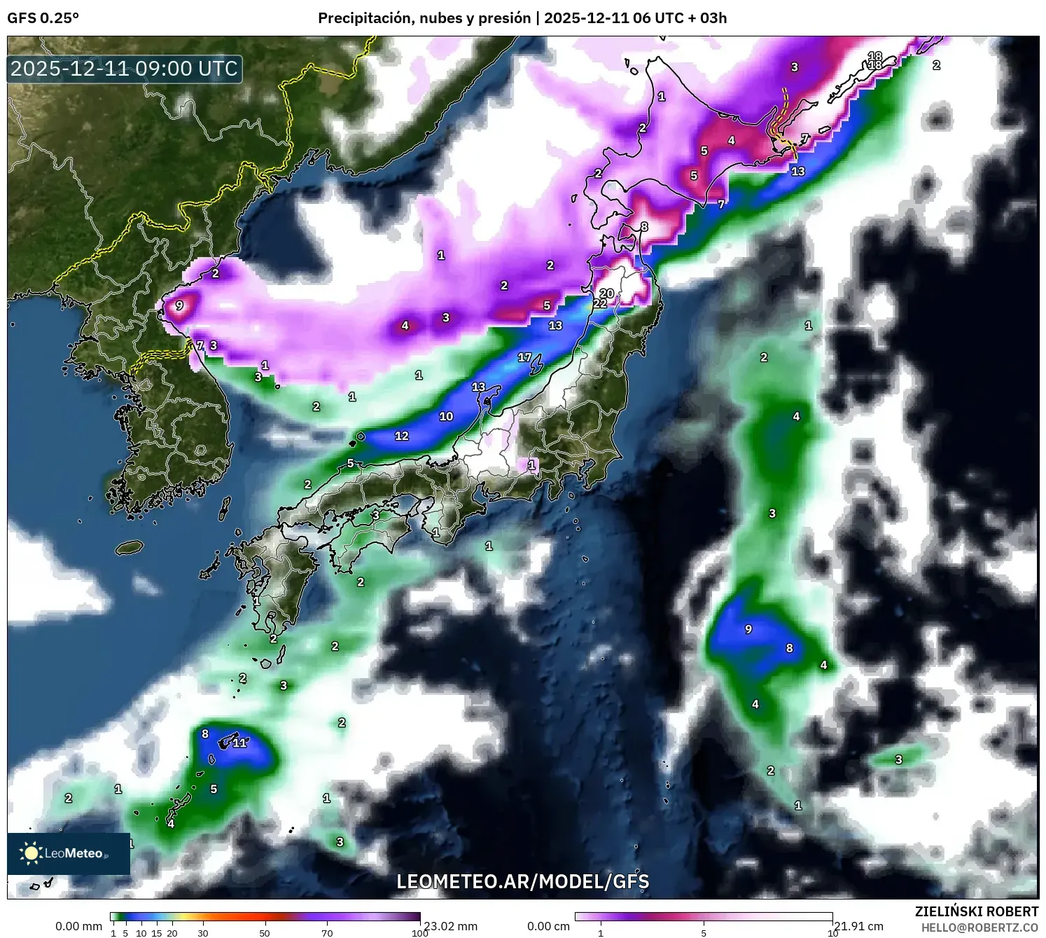 GFS model - Japón, Precipitación, nubes y presión