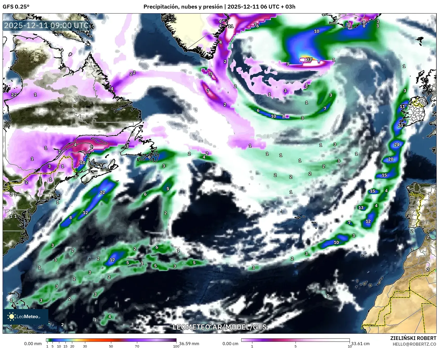 GFS model - Norte Atlántico, Precipitación, nubes y presión
