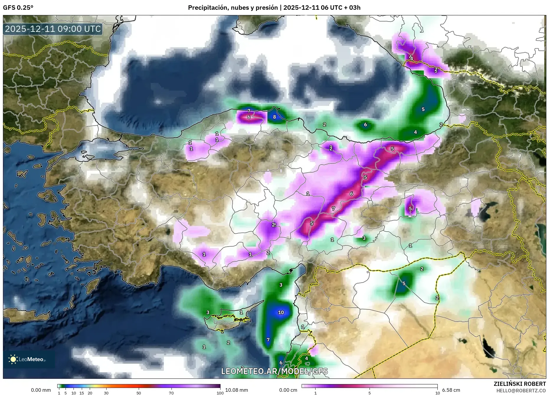 GFS model - Turquía, Precipitación, nubes y presión