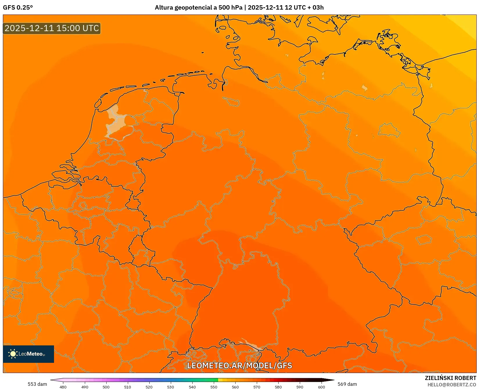 GFS model - Alemania, Altura geopotencial a 500 hPa