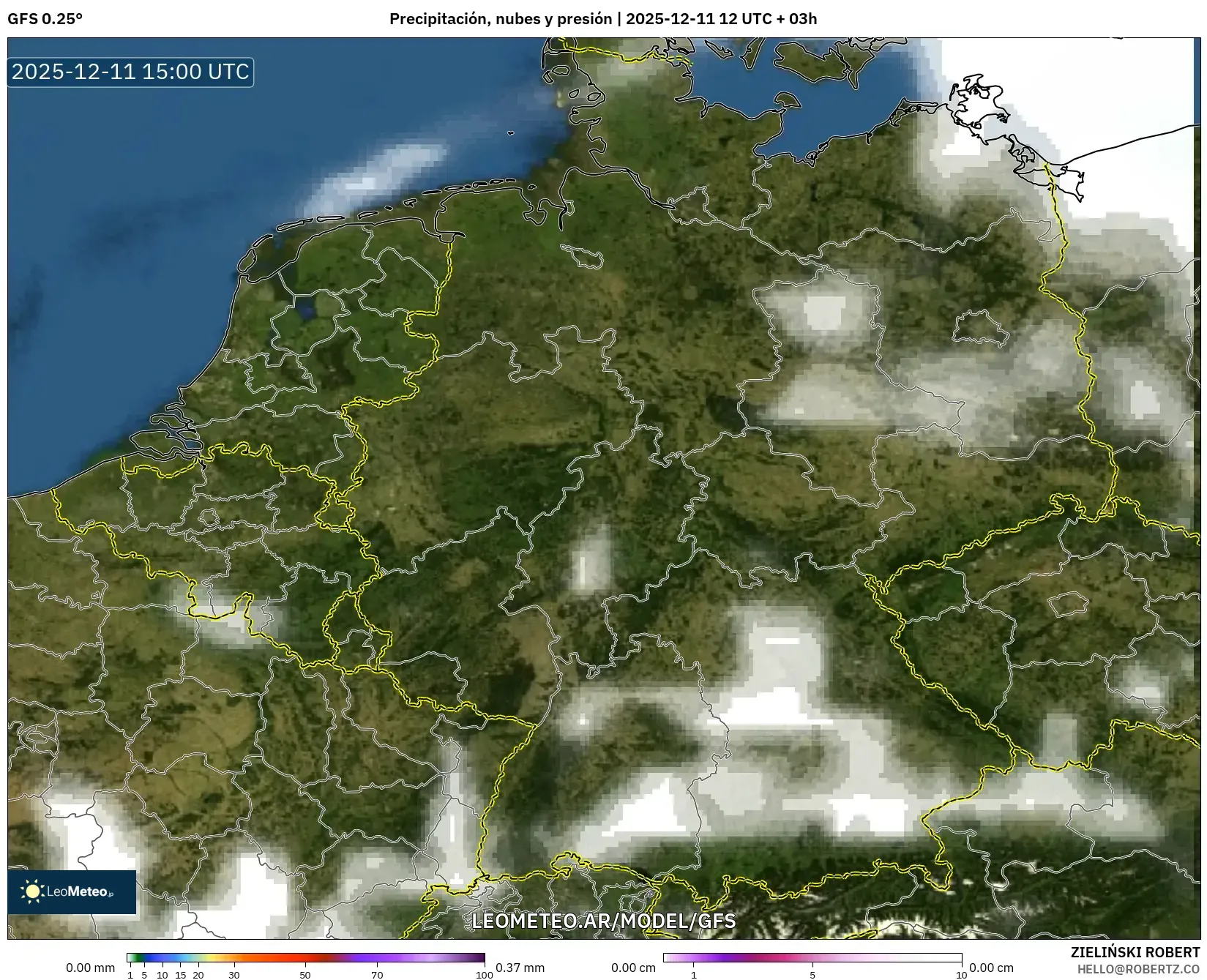GFS model - Alemania, Precipitación, nubes y presión