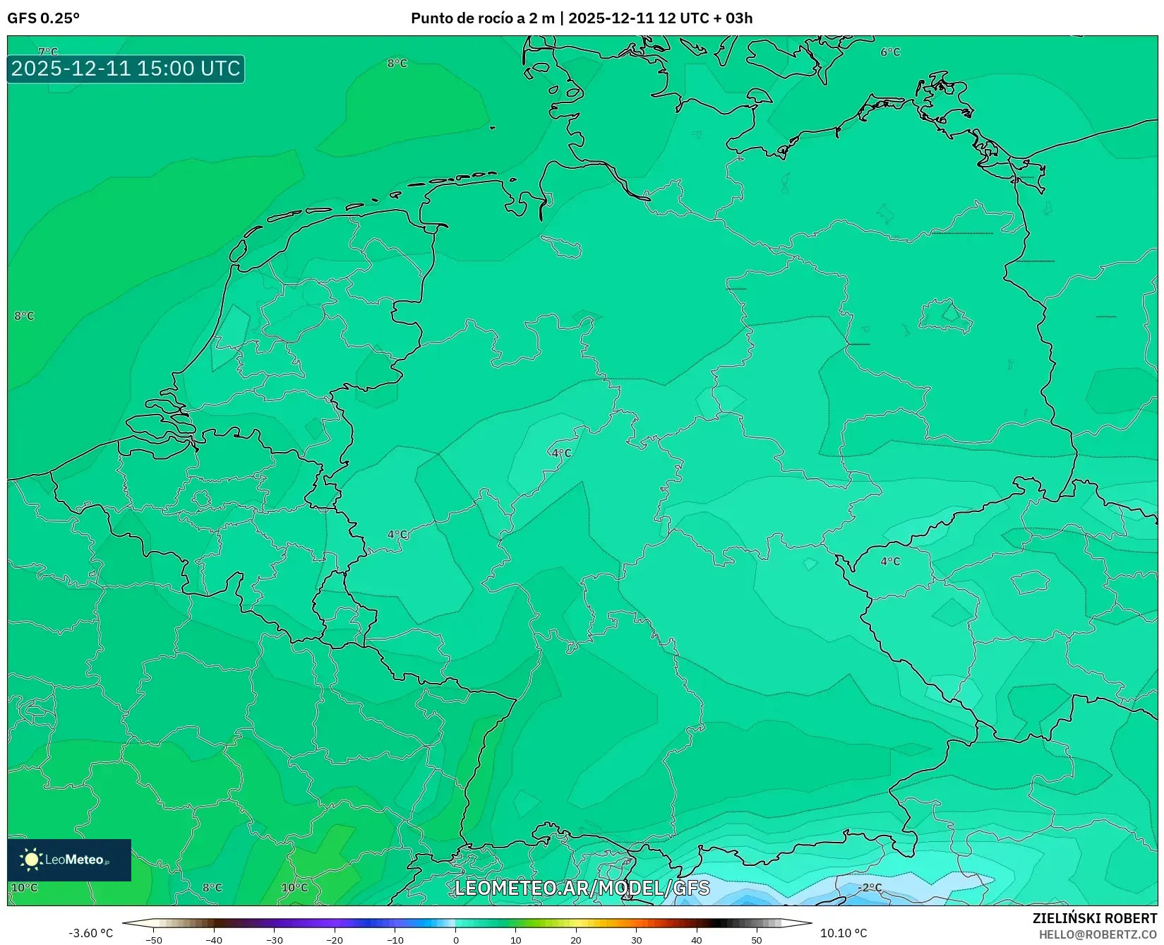 GFS model - Alemania, Punto de rocío a 2 m