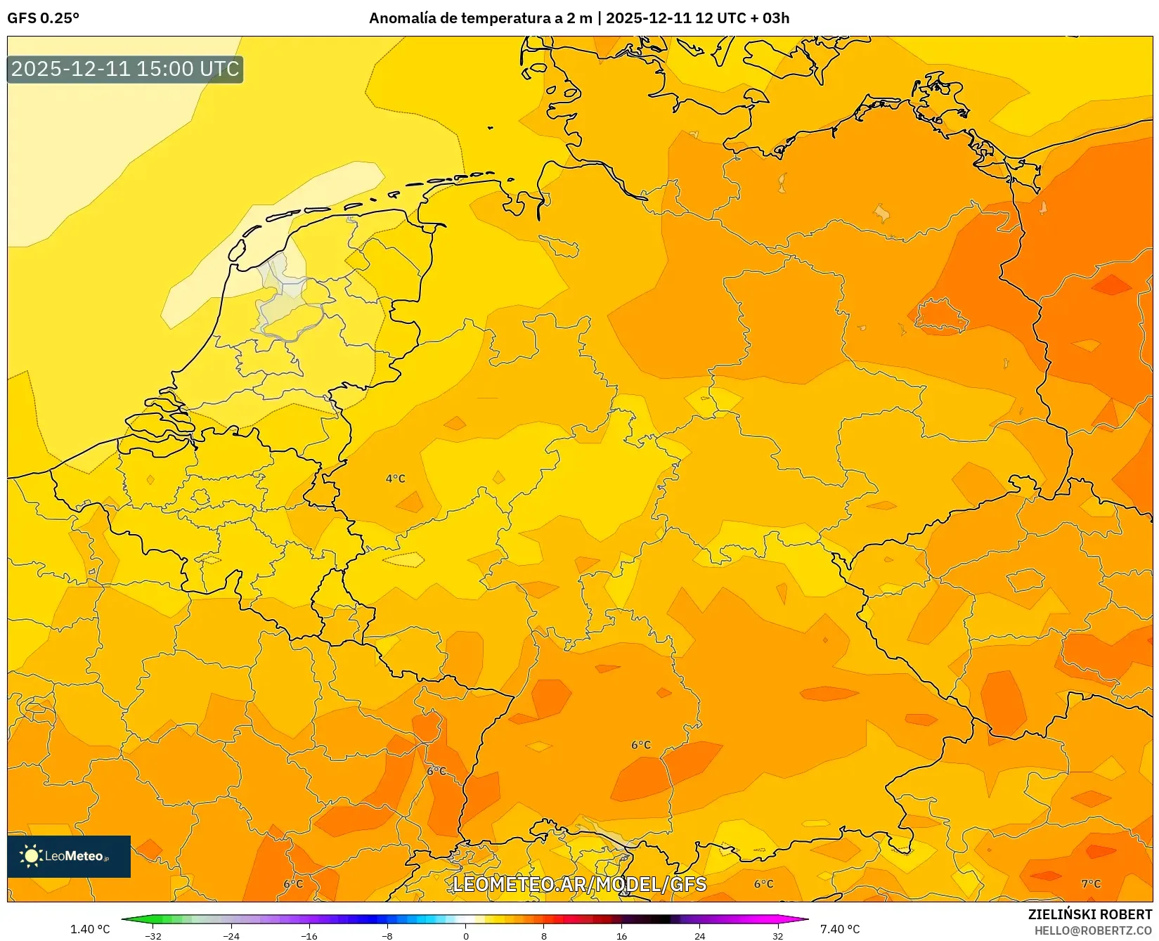GFS model - Alemania, Anomalía de temperatura a 2 m