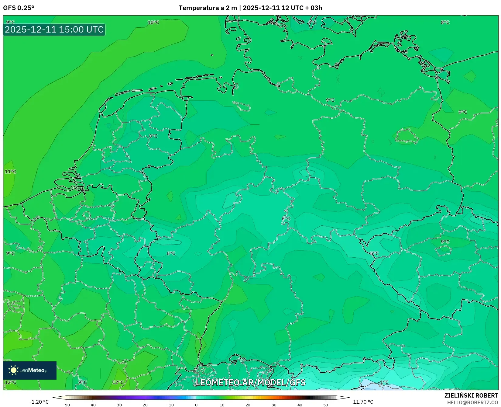 GFS model - Alemania, Temperatura a 2 m