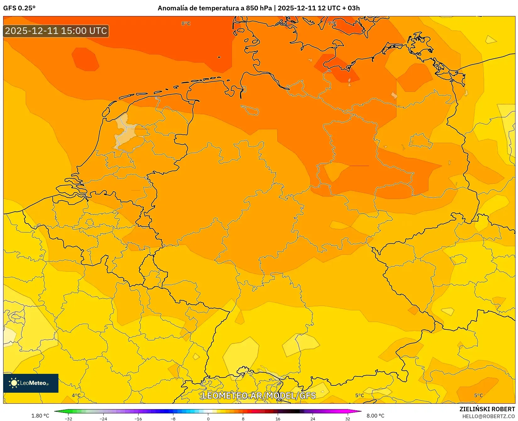 GFS model - Alemania, Anomalía de temperatura a 850 hPa