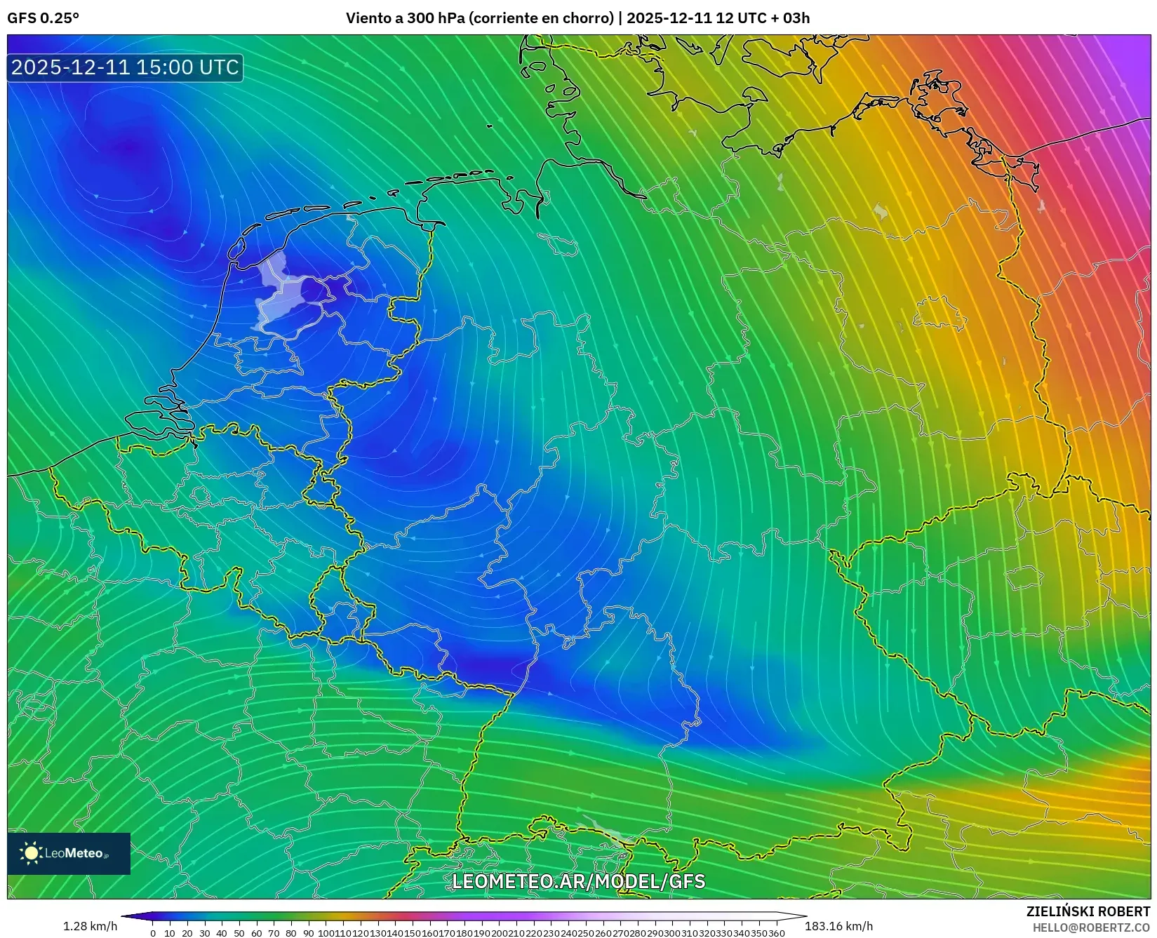 GFS model - Alemania, Viento a 300 hPa (corriente en chorro)