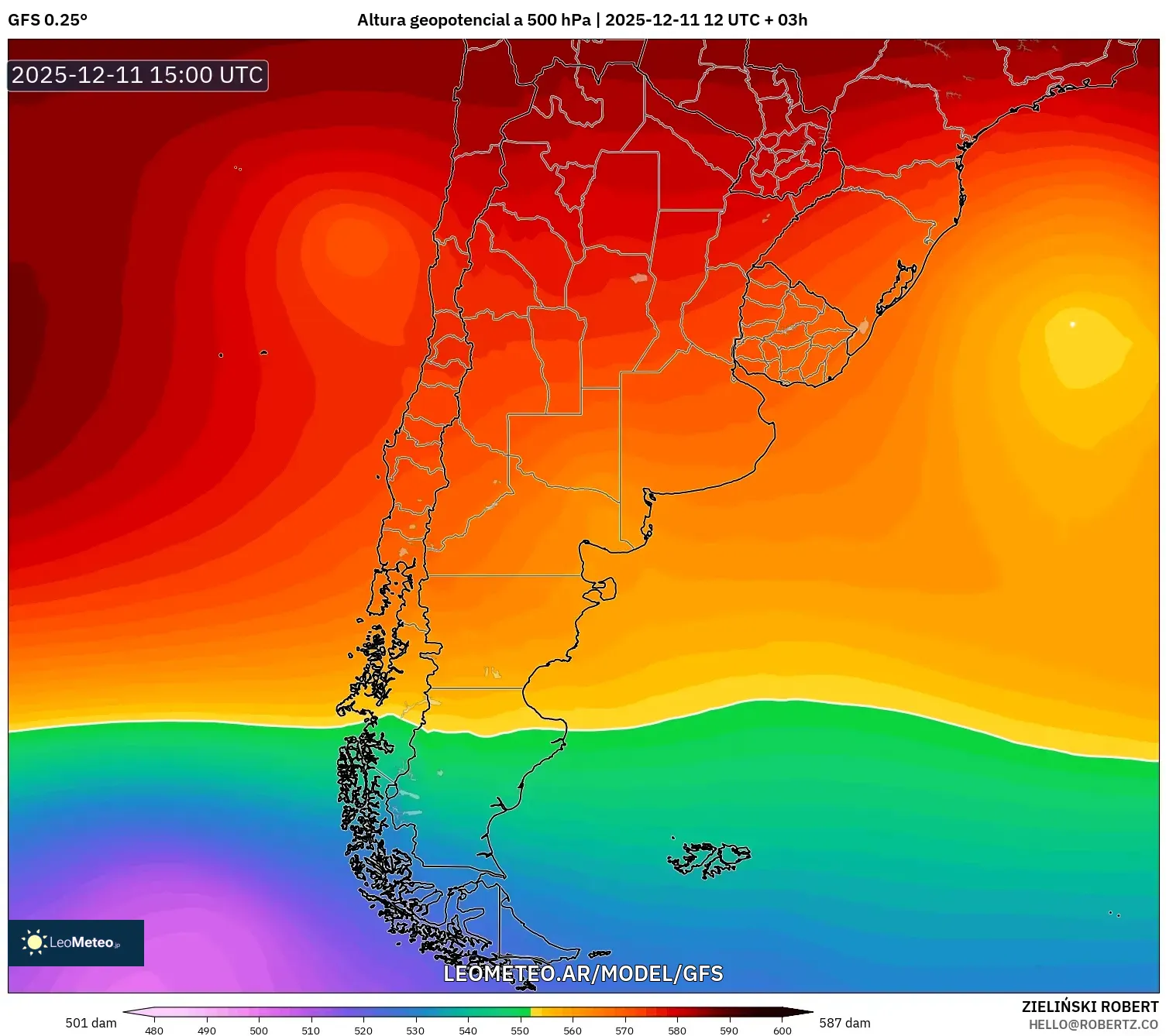 GFS model - Argentina, Altura geopotencial a 500 hPa