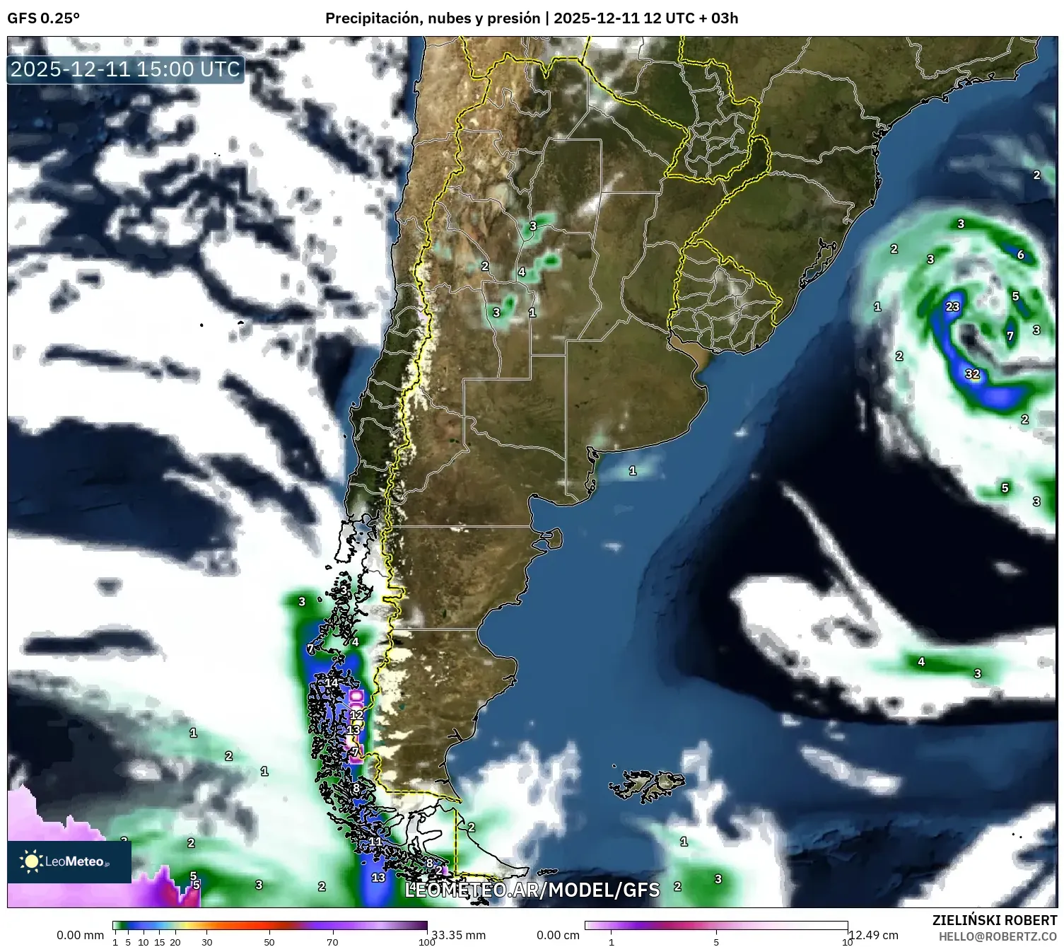 GFS model - Argentina, Precipitación, nubes y presión
