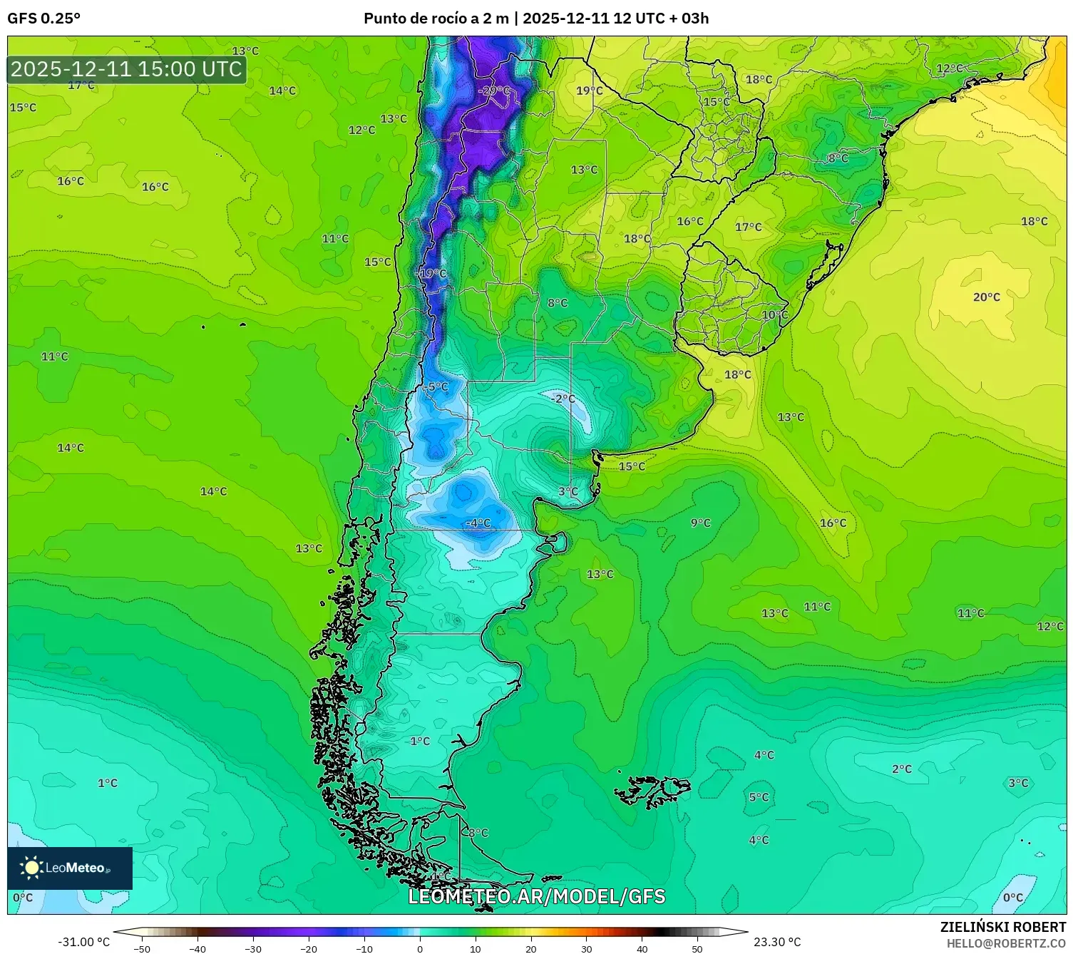GFS model - Argentina, Punto de rocío a 2 m