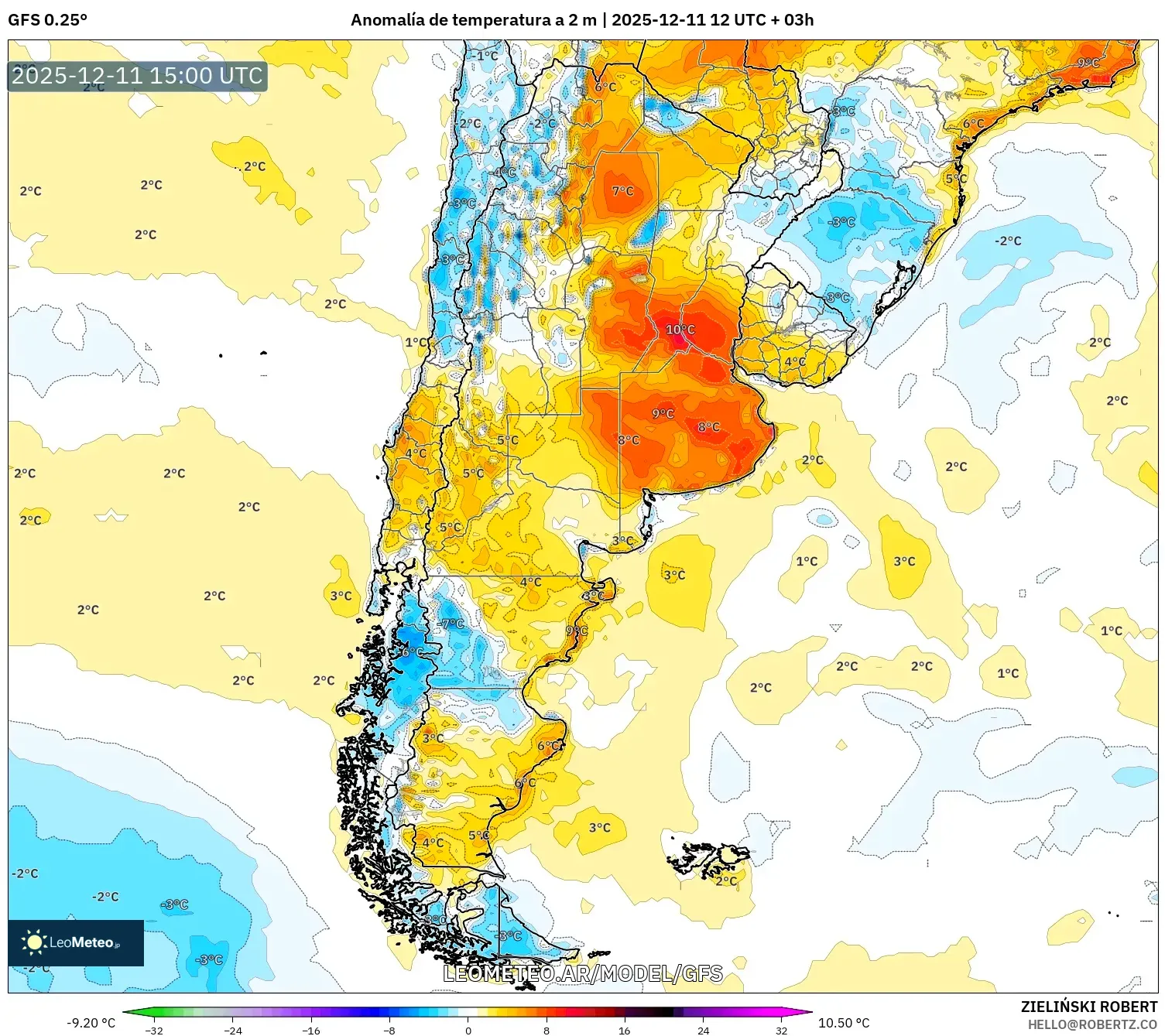 GFS model - Argentina, Anomalía de temperatura a 2 m