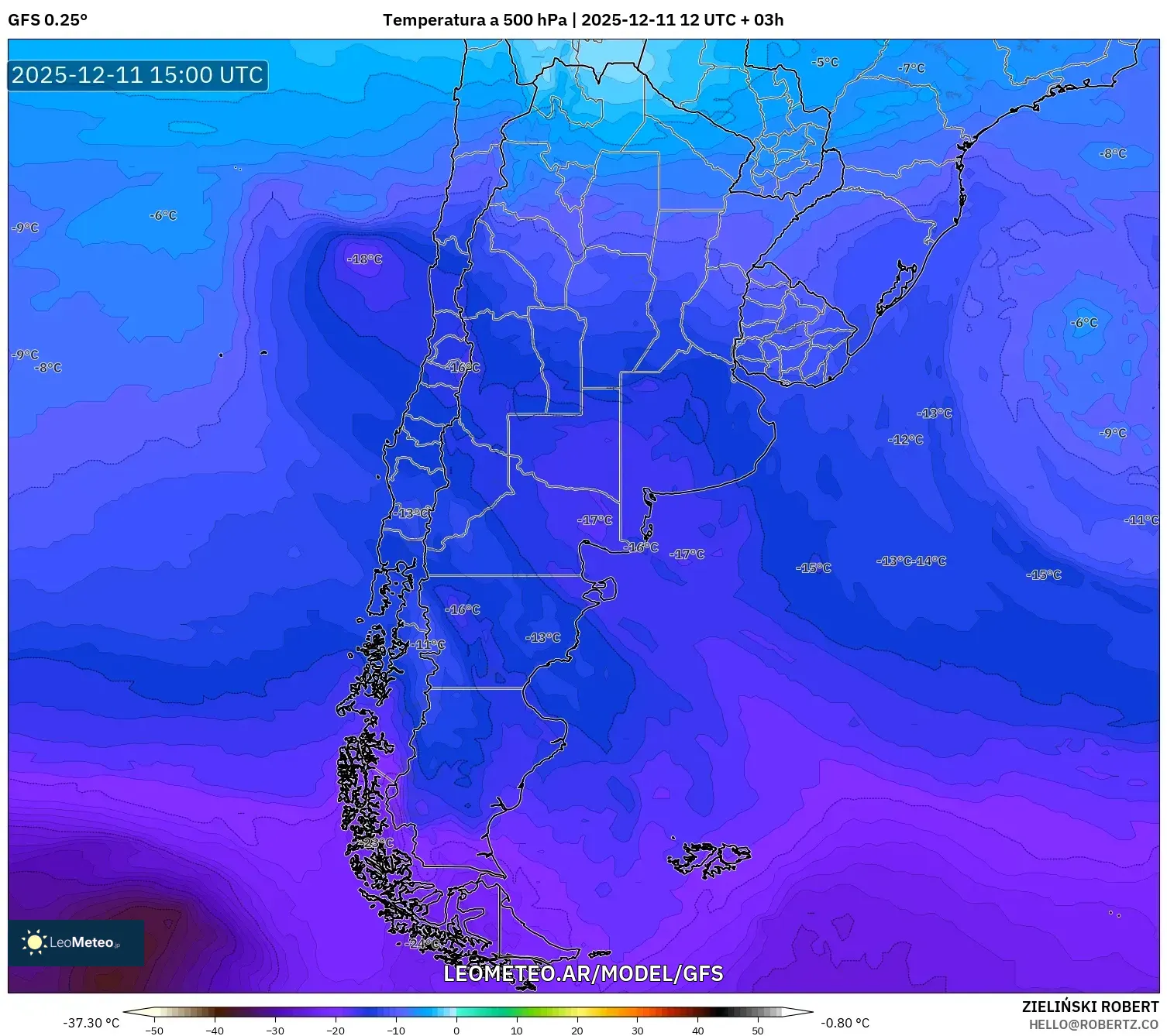 GFS model - Argentina, Temperatura a 500 hPa