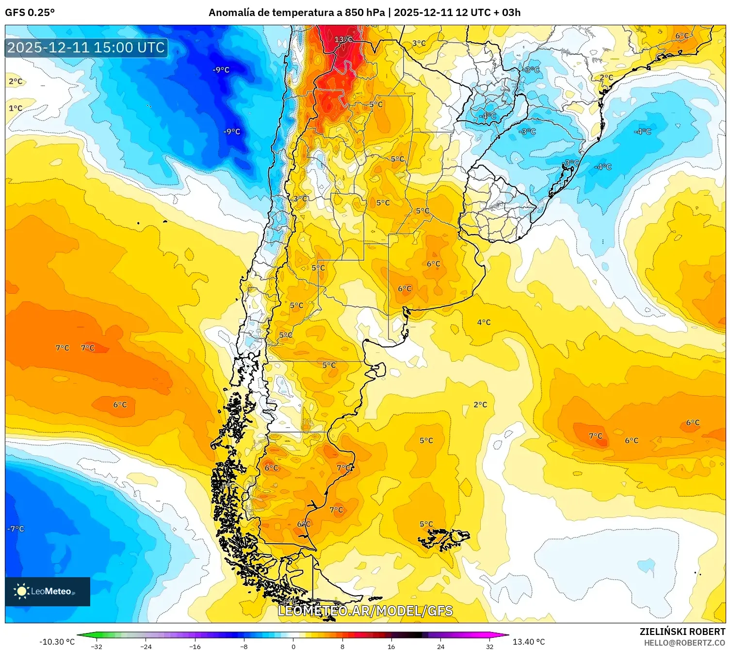 GFS model - Argentina, Anomalía de temperatura a 850 hPa
