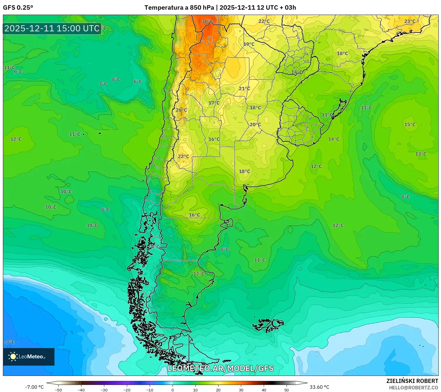 GFS model - Argentina, Temperatura a 850 hPa