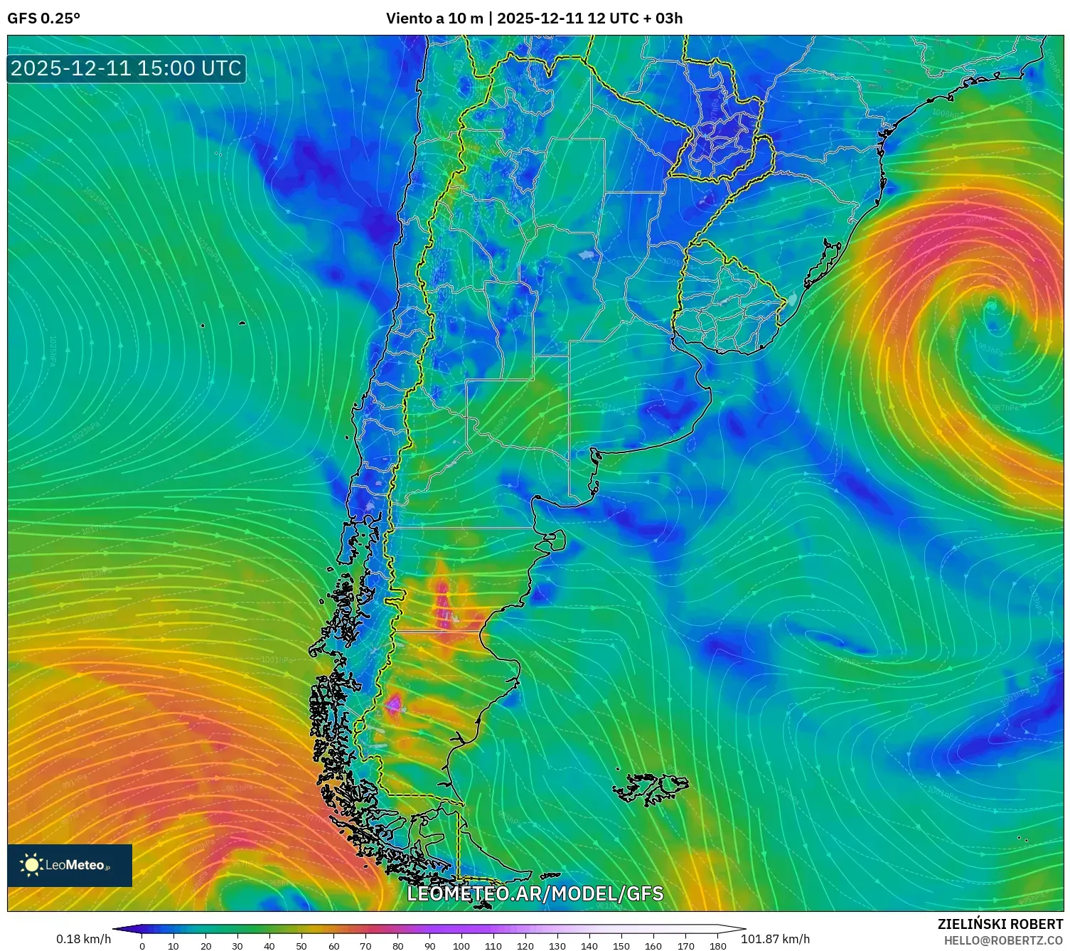 GFS model - Argentina, Viento a 10 m