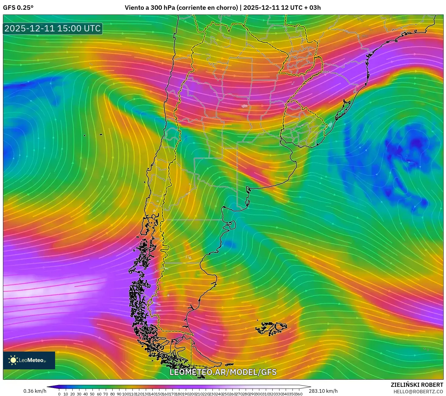 GFS model - Argentina, Viento a 300 hPa (corriente en chorro)