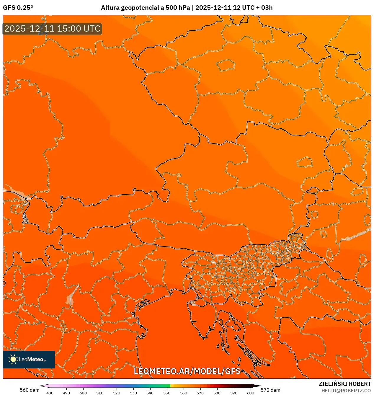 GFS model - Austria, Altura geopotencial a 500 hPa