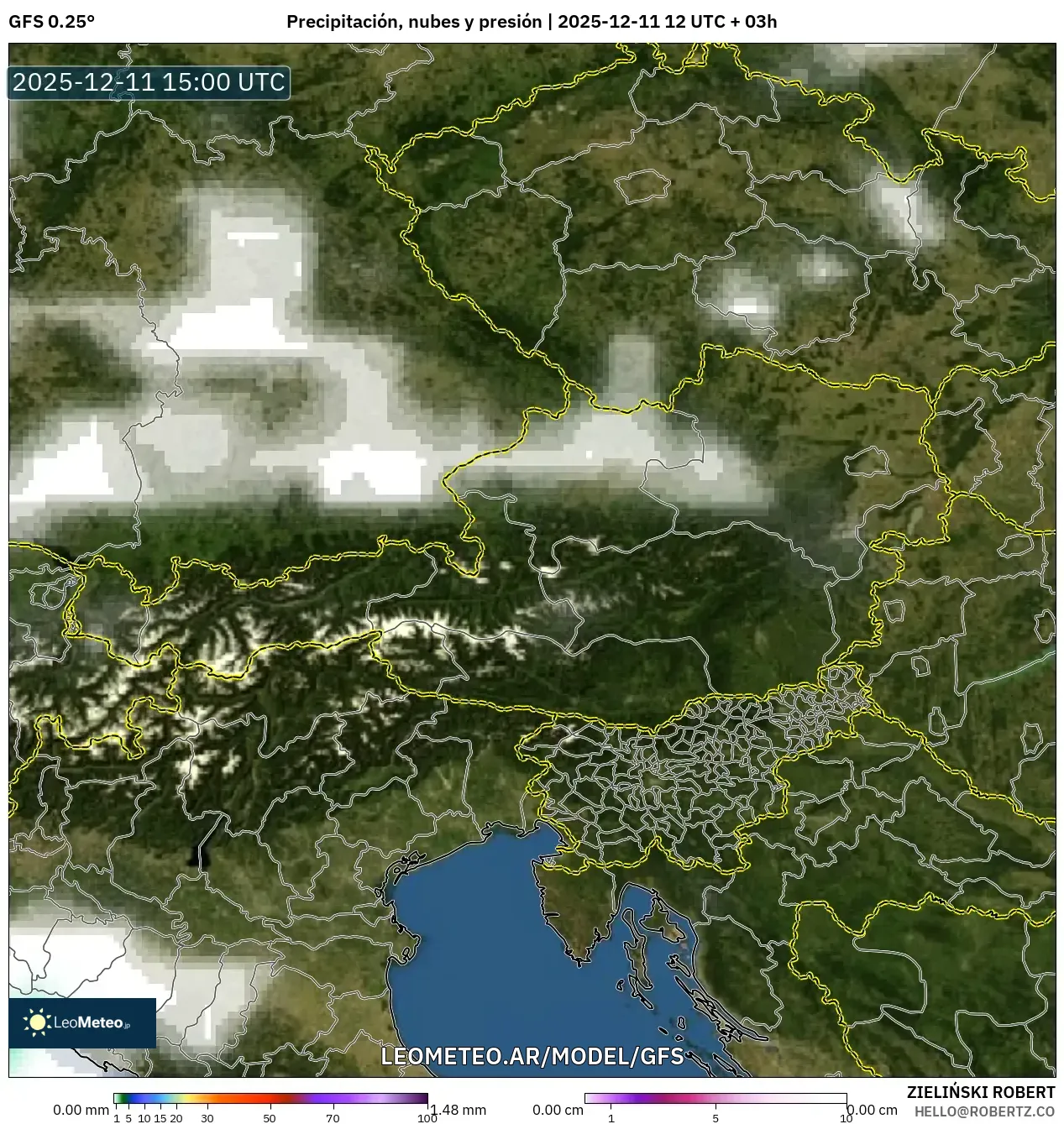 GFS model - Austria, Precipitación, nubes y presión