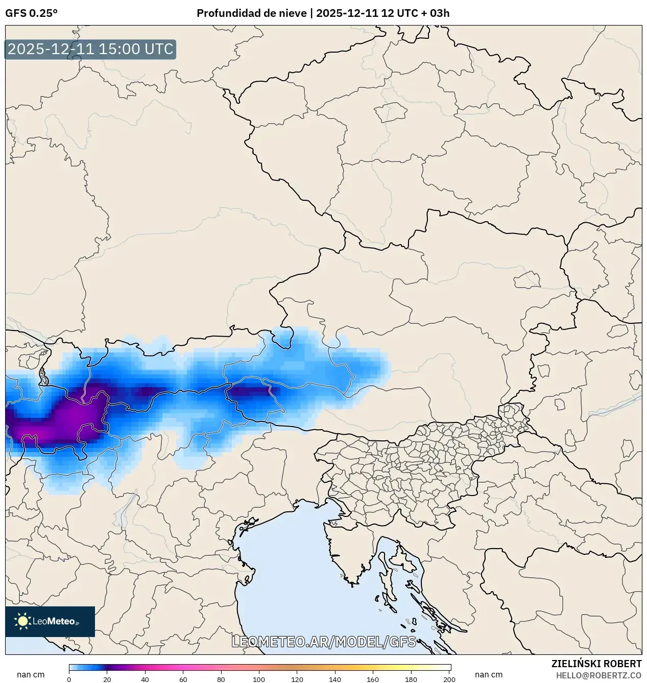 GFS model - Austria, Profundidad de nieve