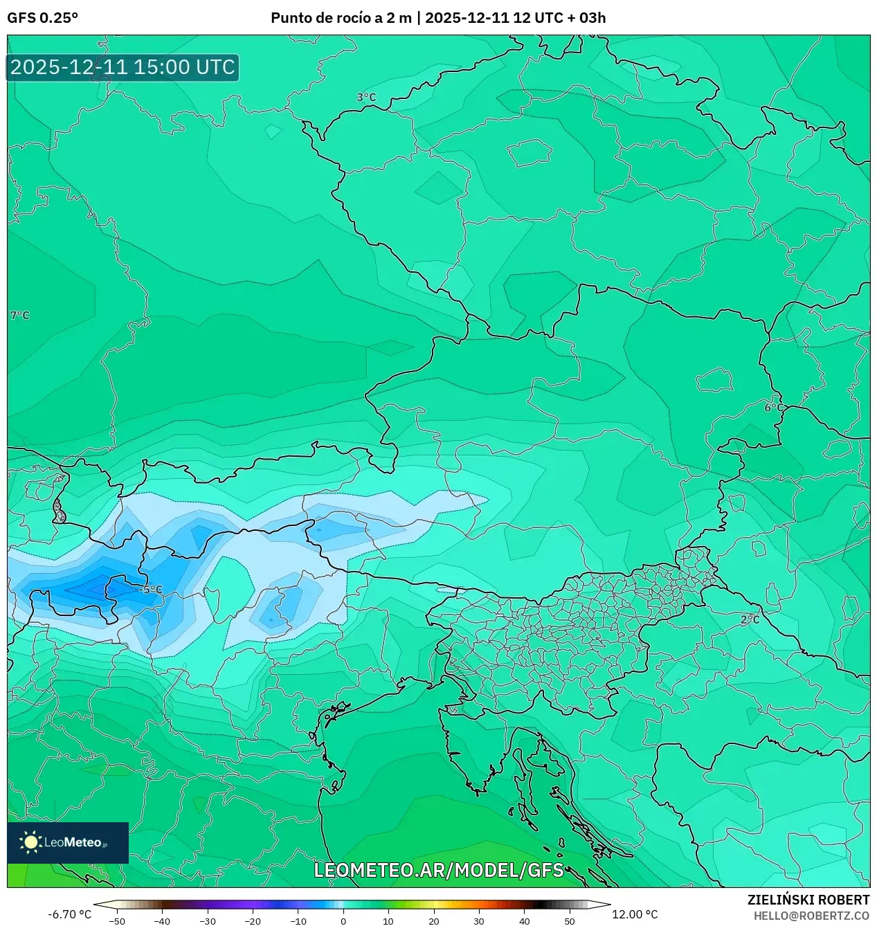 GFS model - Austria, Punto de rocío a 2 m