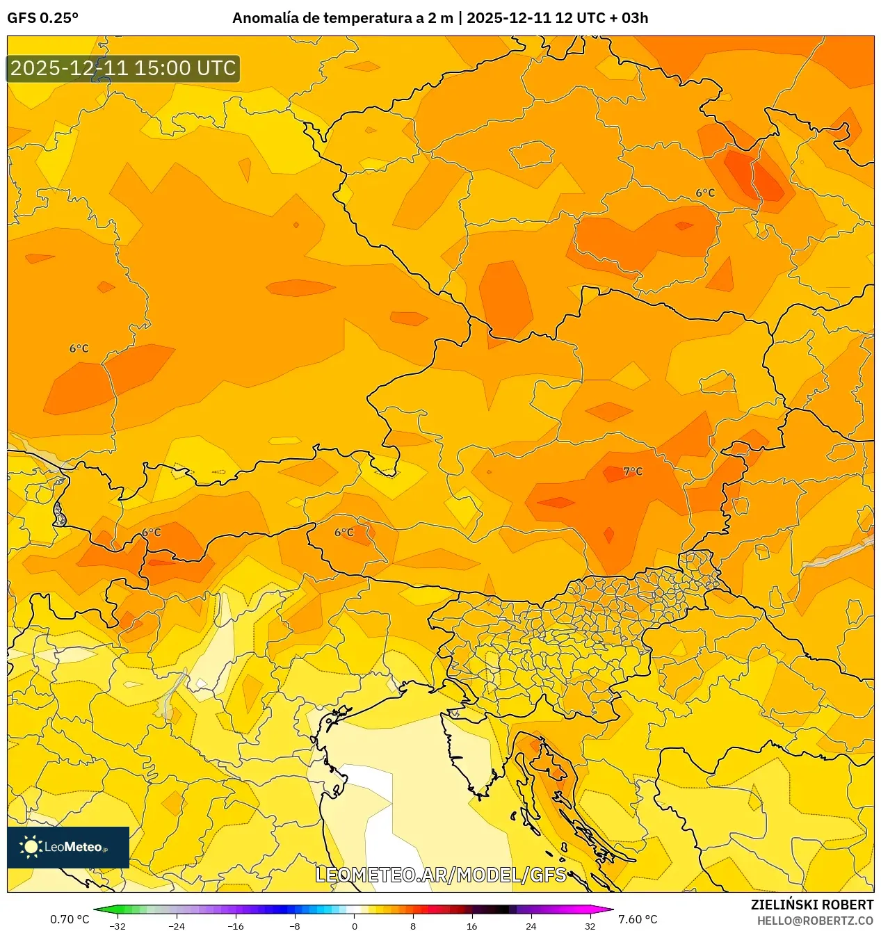 GFS model - Austria, Anomalía de temperatura a 2 m
