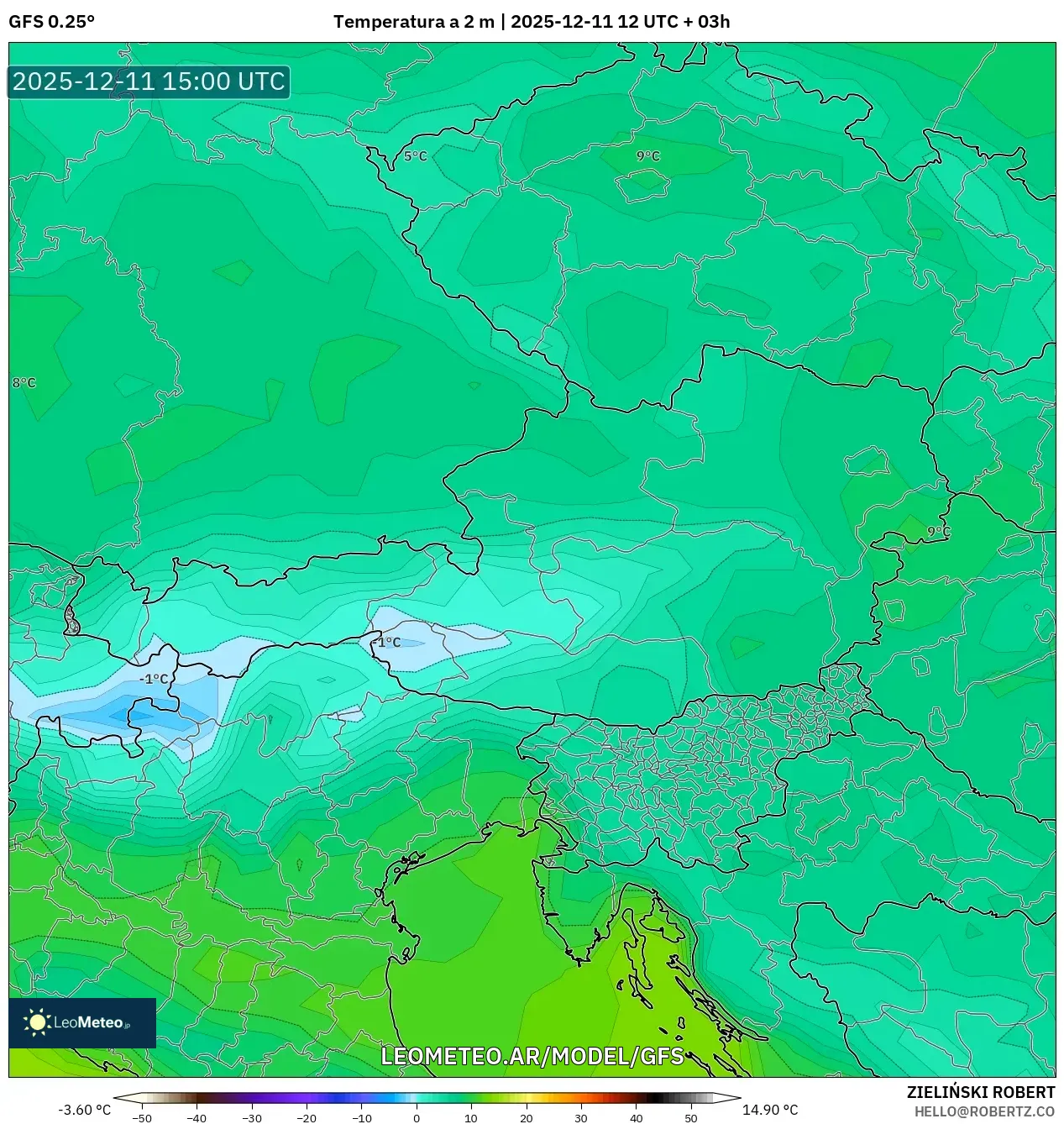 GFS model - Austria, Temperatura a 2 m