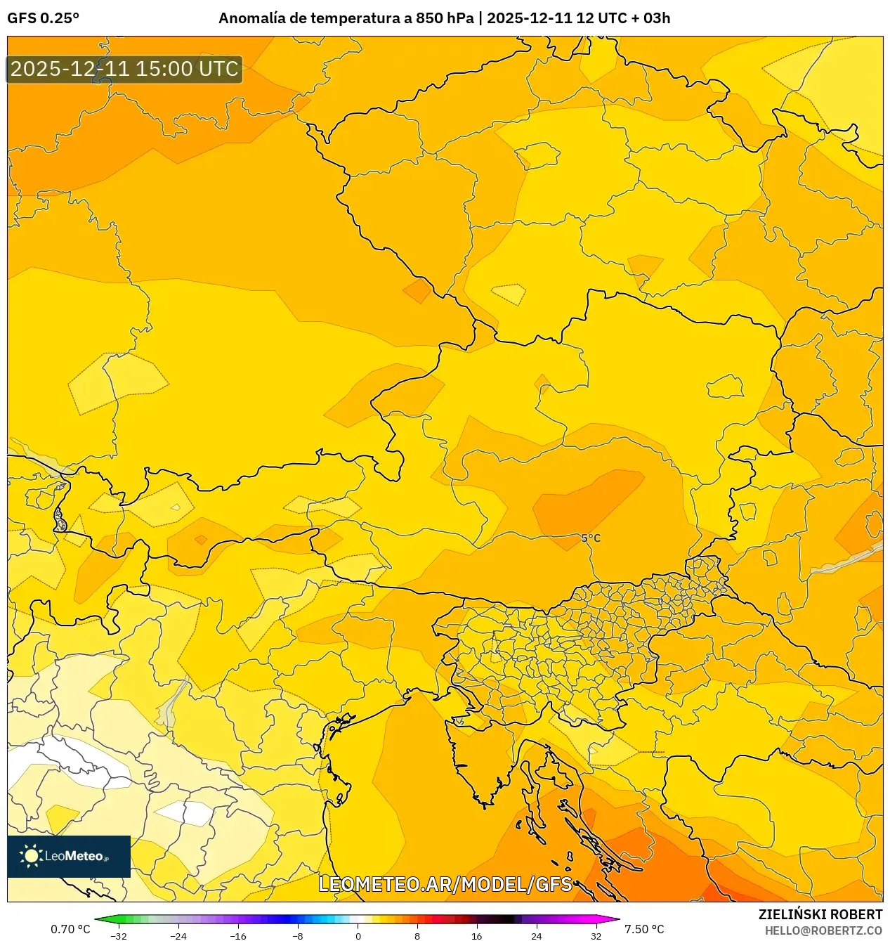 GFS model - Austria, Anomalía de temperatura a 850 hPa