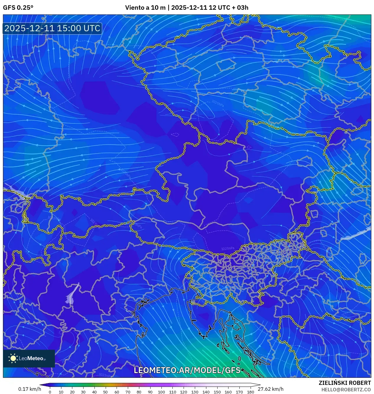 GFS model - Austria, Viento a 10 m