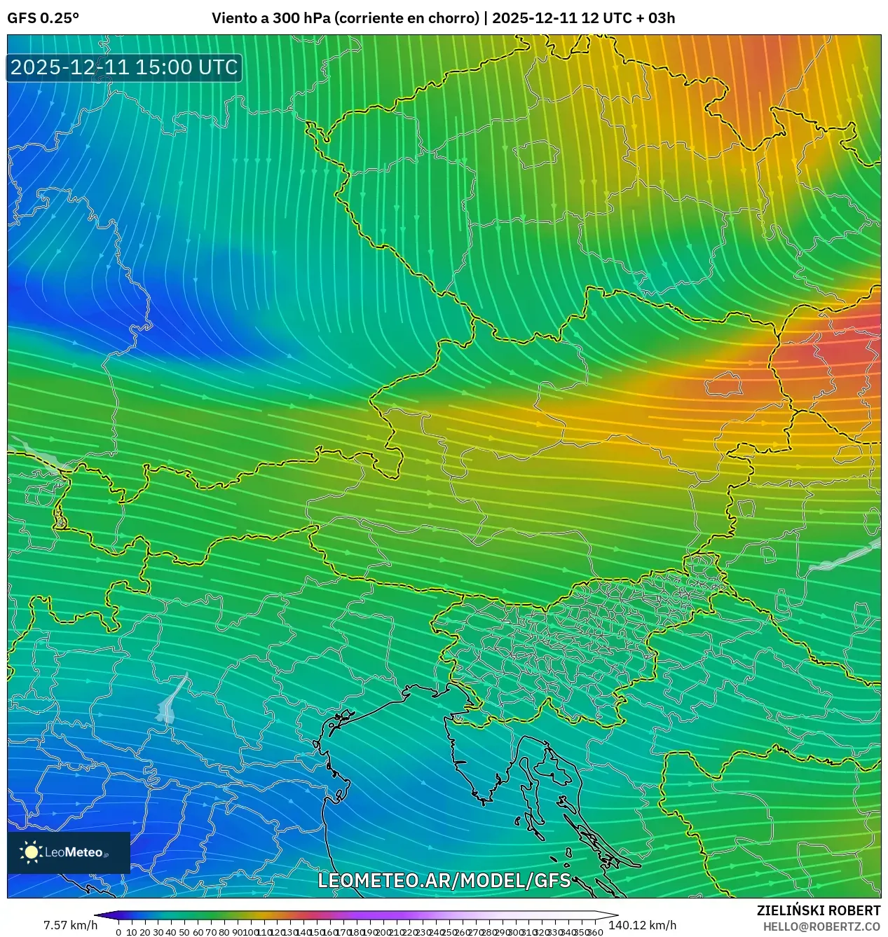 GFS model - Austria, Viento a 300 hPa (corriente en chorro)