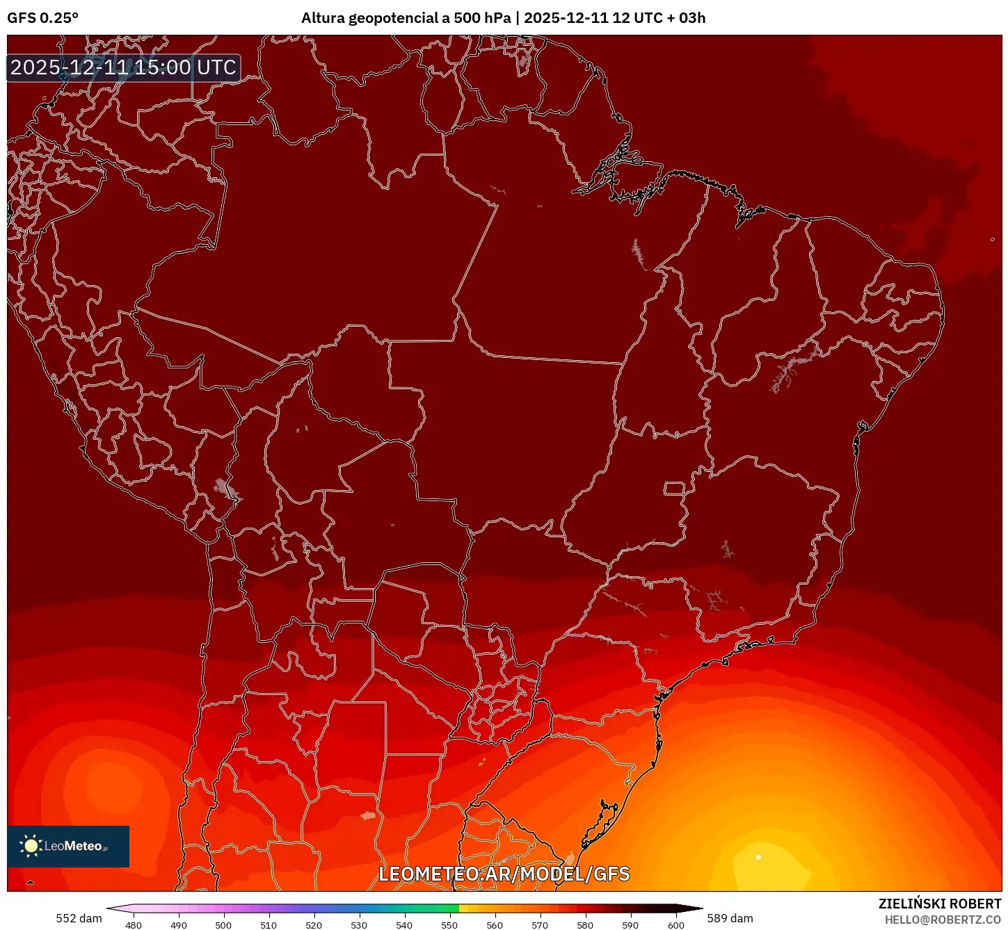 GFS model - Brasil, Altura geopotencial a 500 hPa
