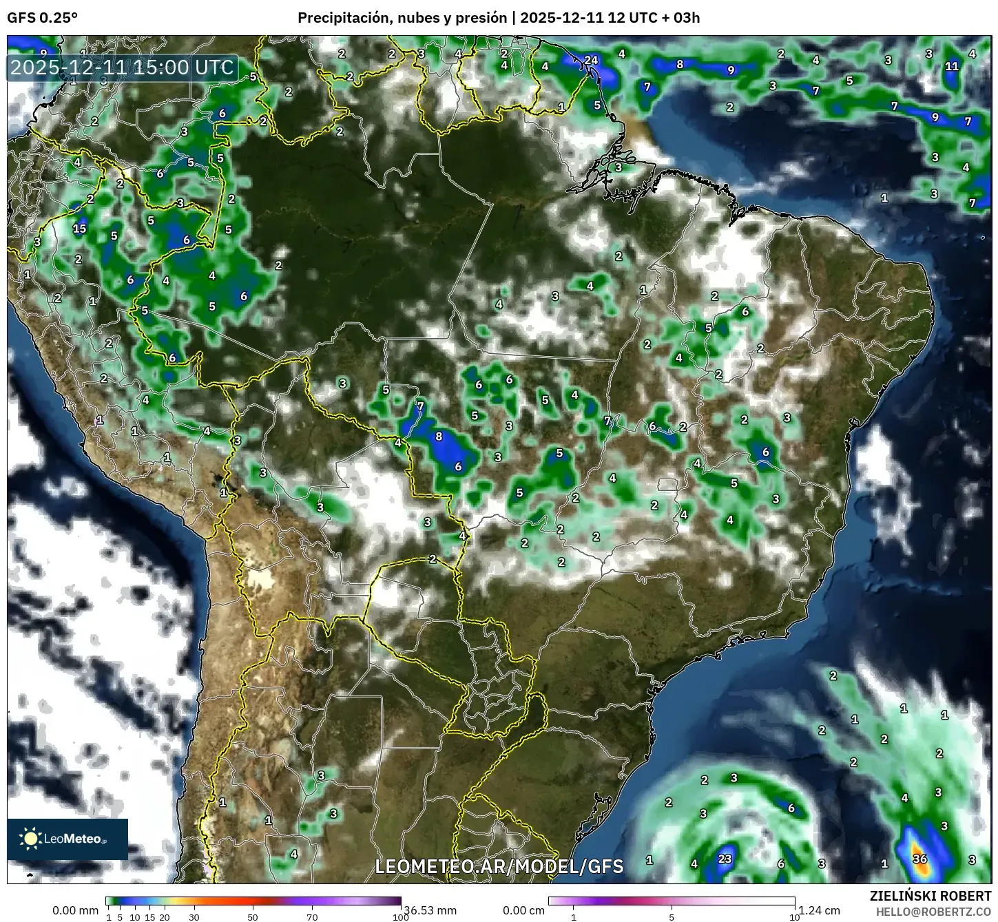 GFS model - Brasil, Precipitación, nubes y presión