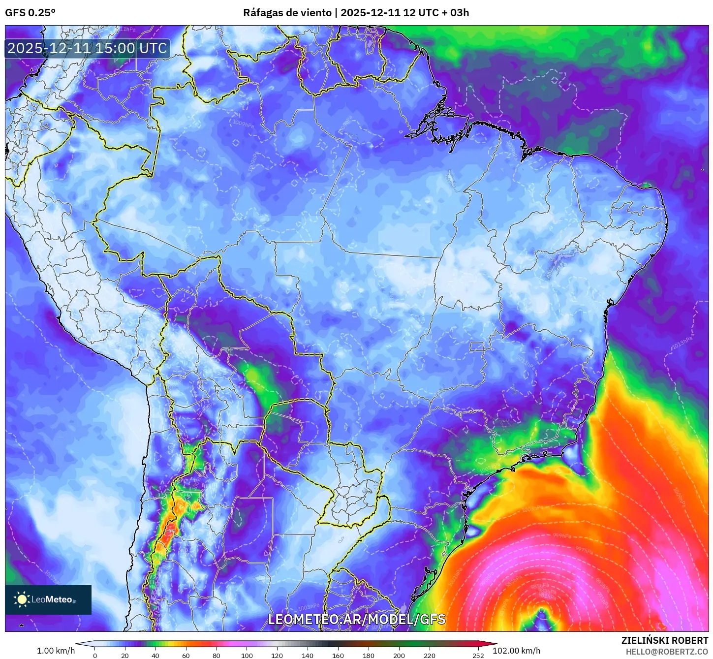 GFS model - Brasil, Ráfagas de viento