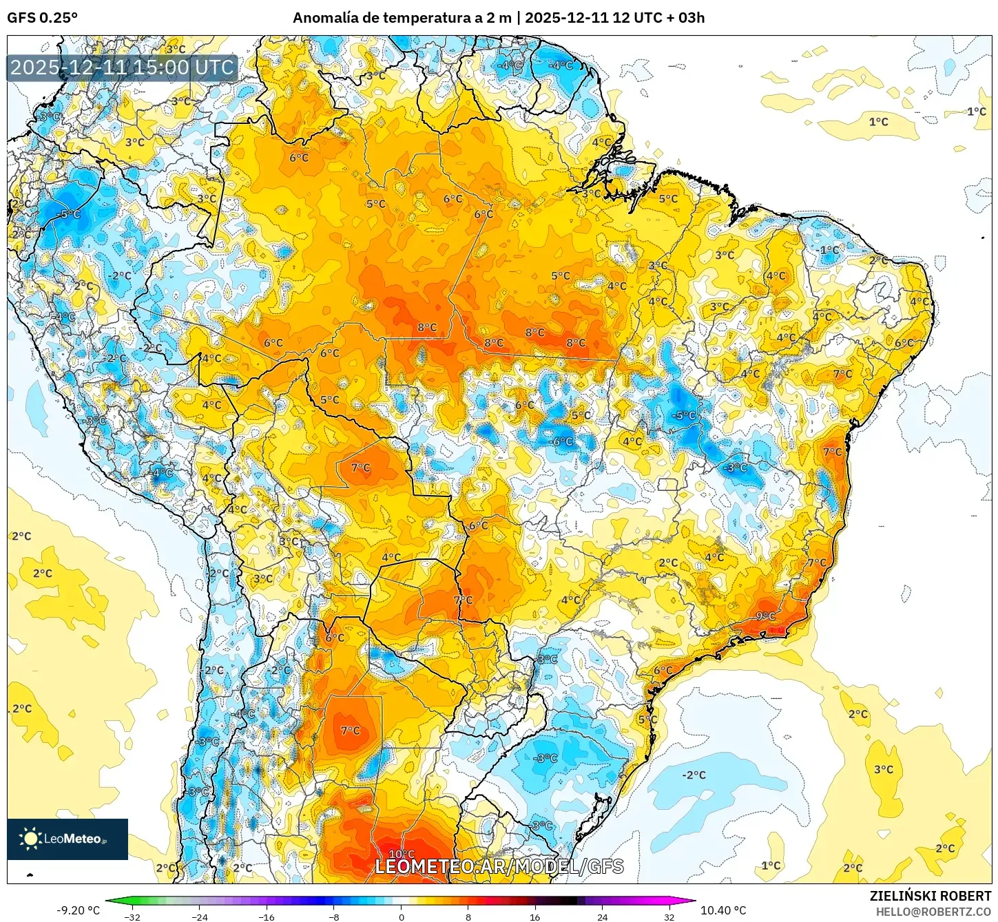 GFS model - Brasil, Anomalía de temperatura a 2 m