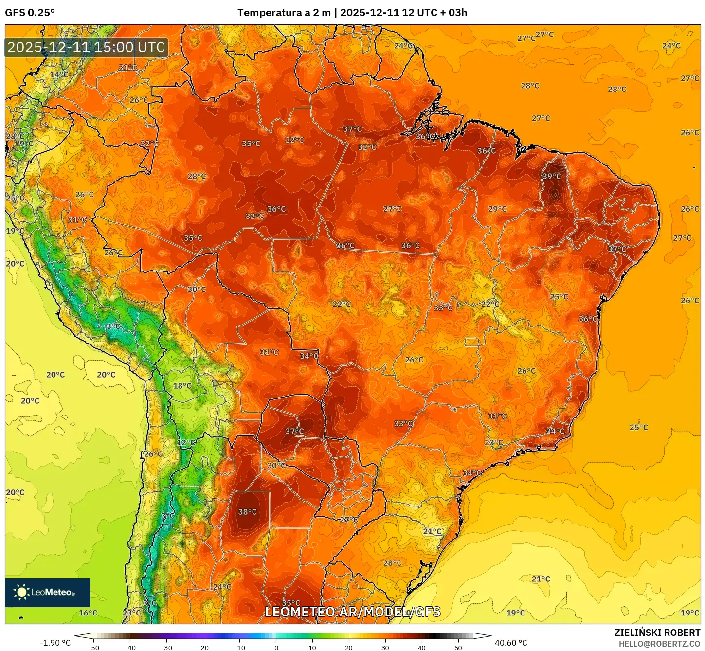 GFS model - Brasil, Temperatura a 2 m