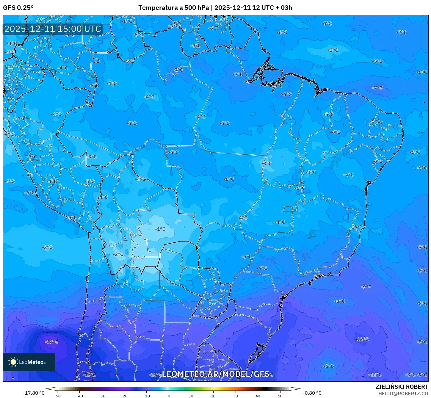 GFS model - Brasil, Temperatura a 500 hPa