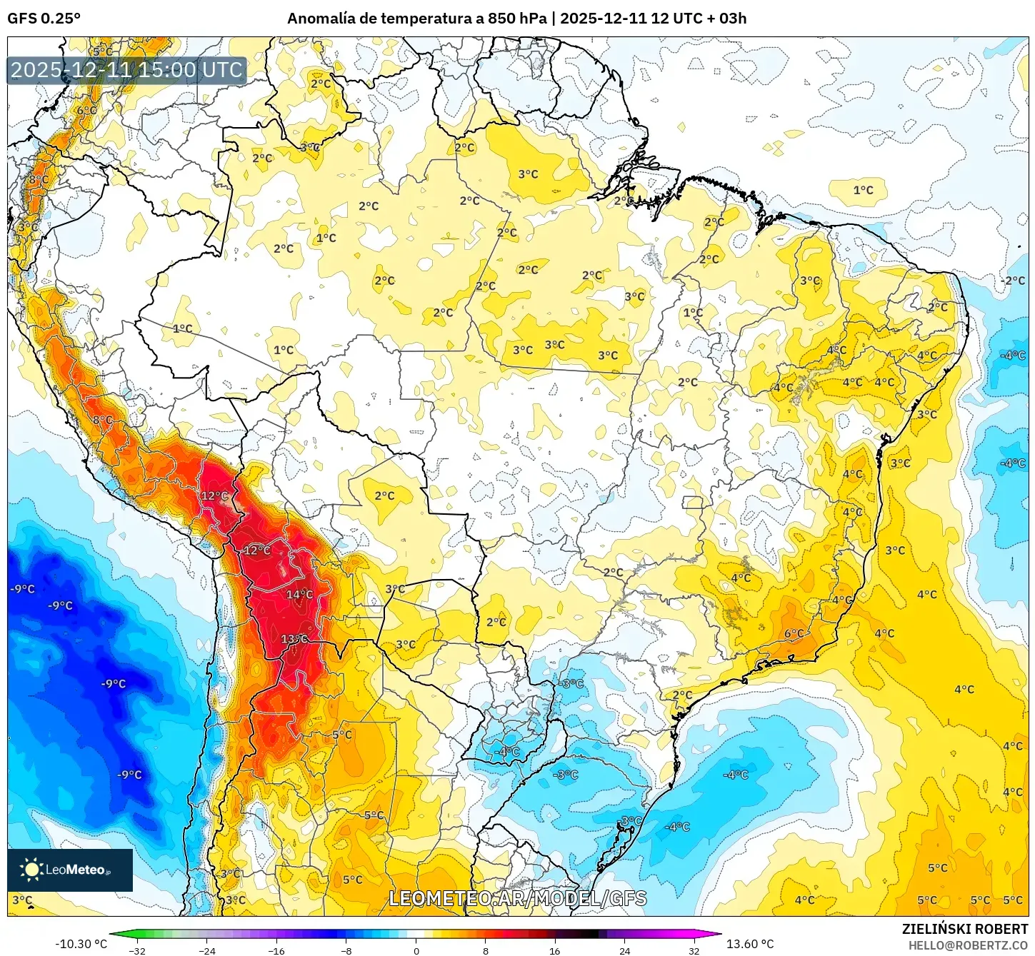 GFS model - Brasil, Anomalía de temperatura a 850 hPa