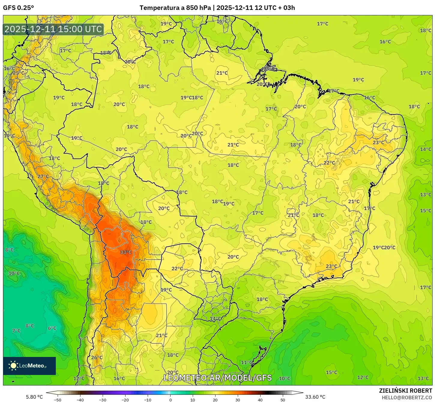 GFS model - Brasil, Temperatura a 850 hPa