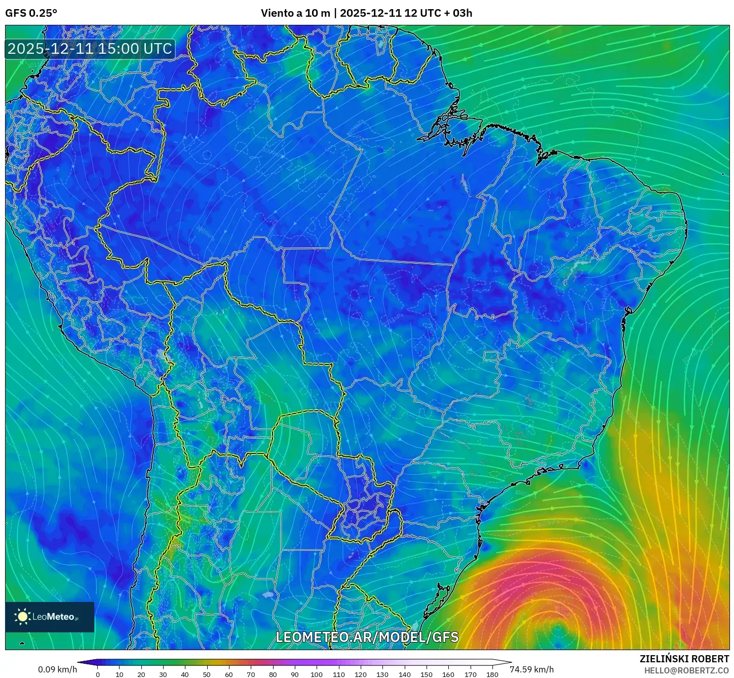 GFS model - Brasil, Viento a 10 m