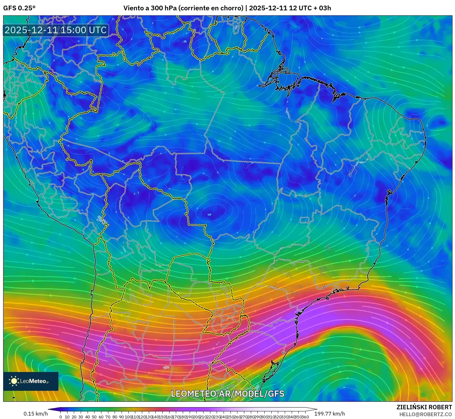 GFS model - Brasil, Viento a 300 hPa (corriente en chorro)