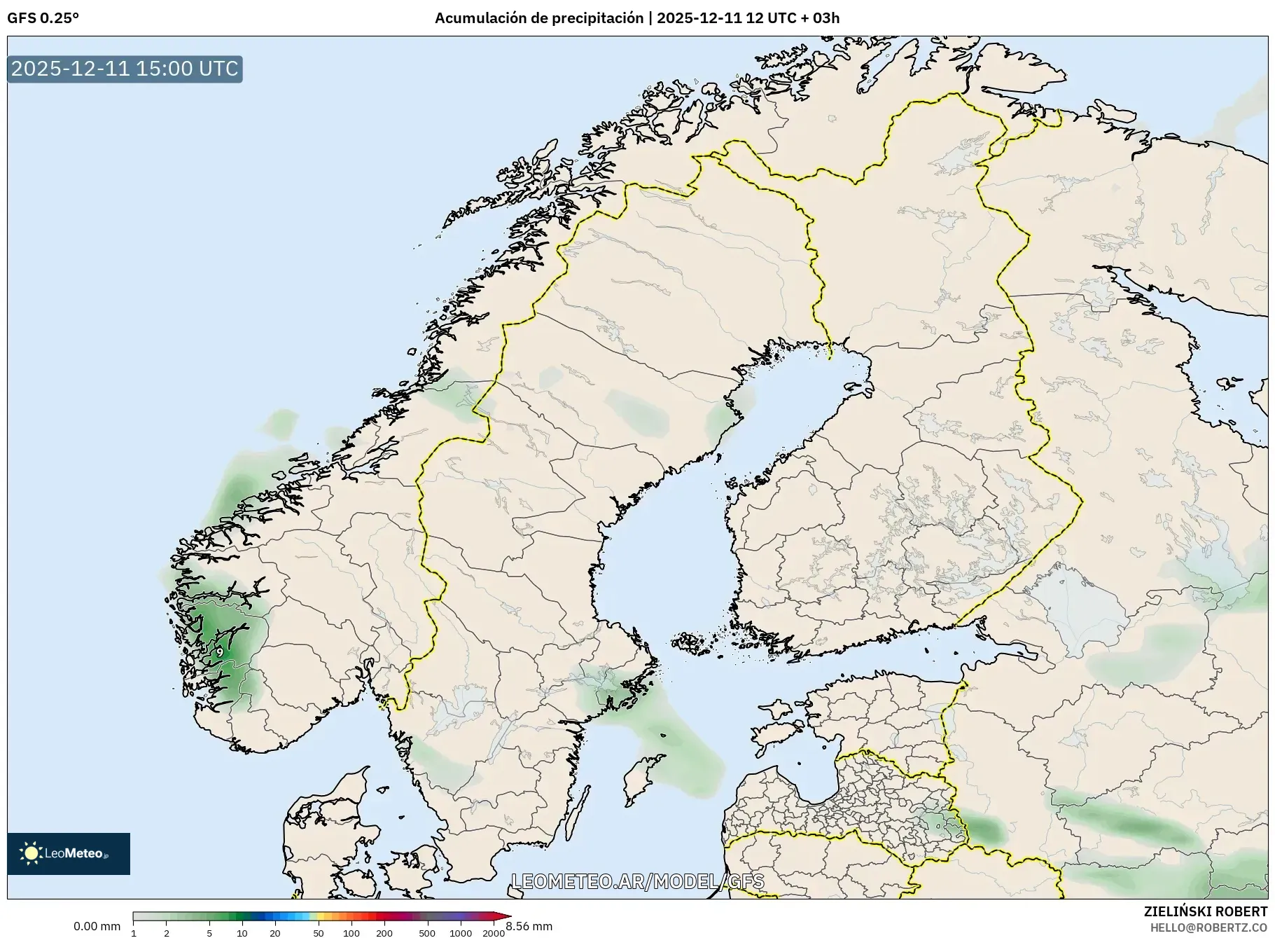 GFS model - Escandinavia, Acumulación de precipitación