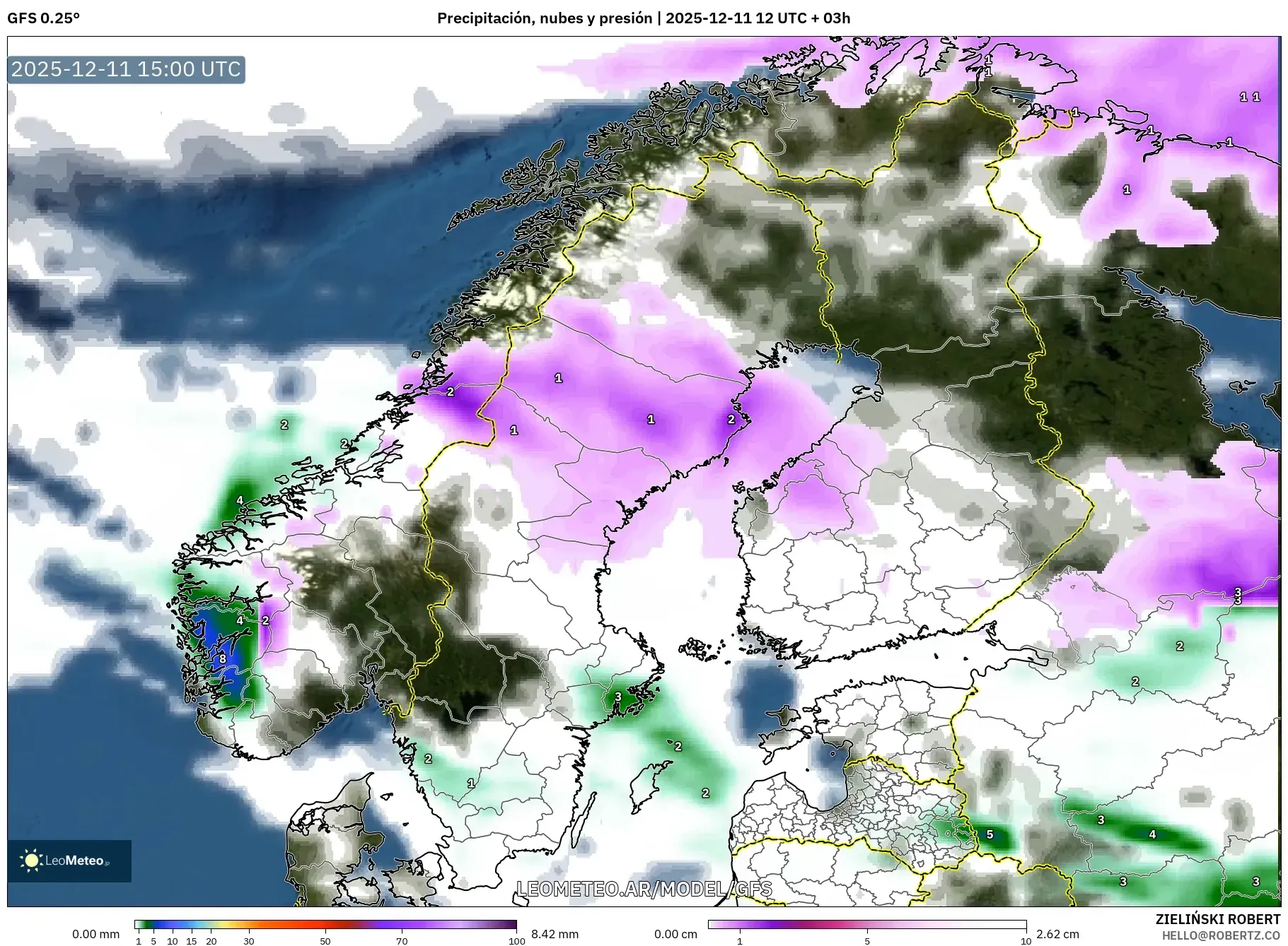 GFS model - Escandinavia, Precipitación, nubes y presión