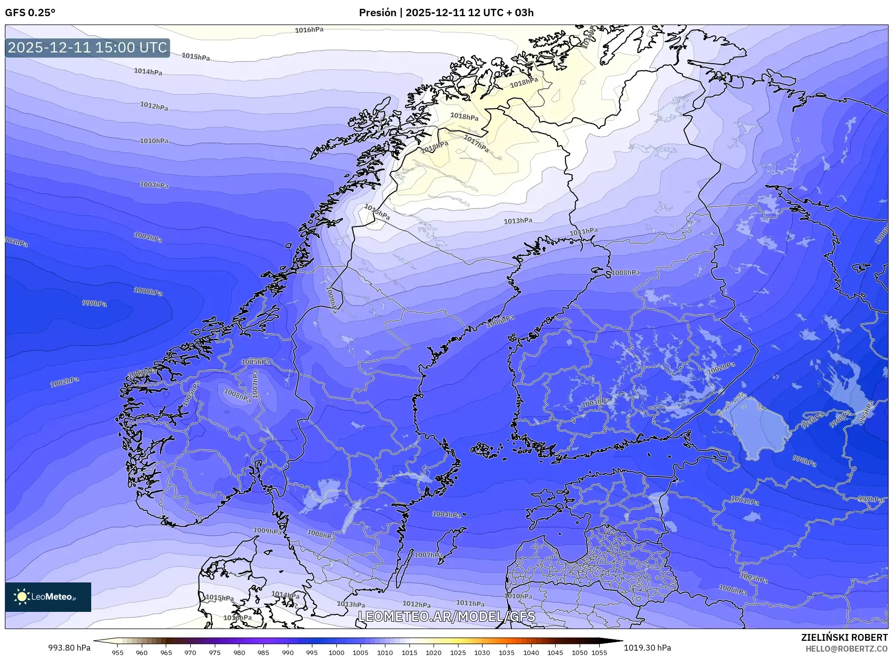 GFS model - Escandinavia, Presión