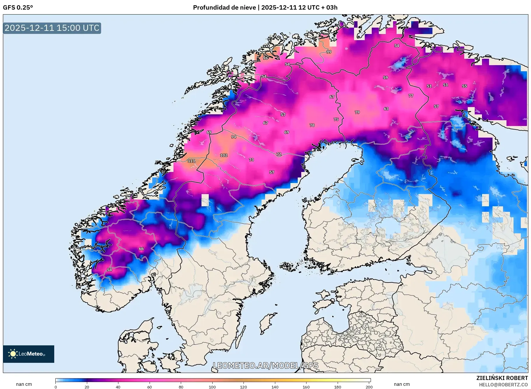 GFS model - Escandinavia, Profundidad de nieve