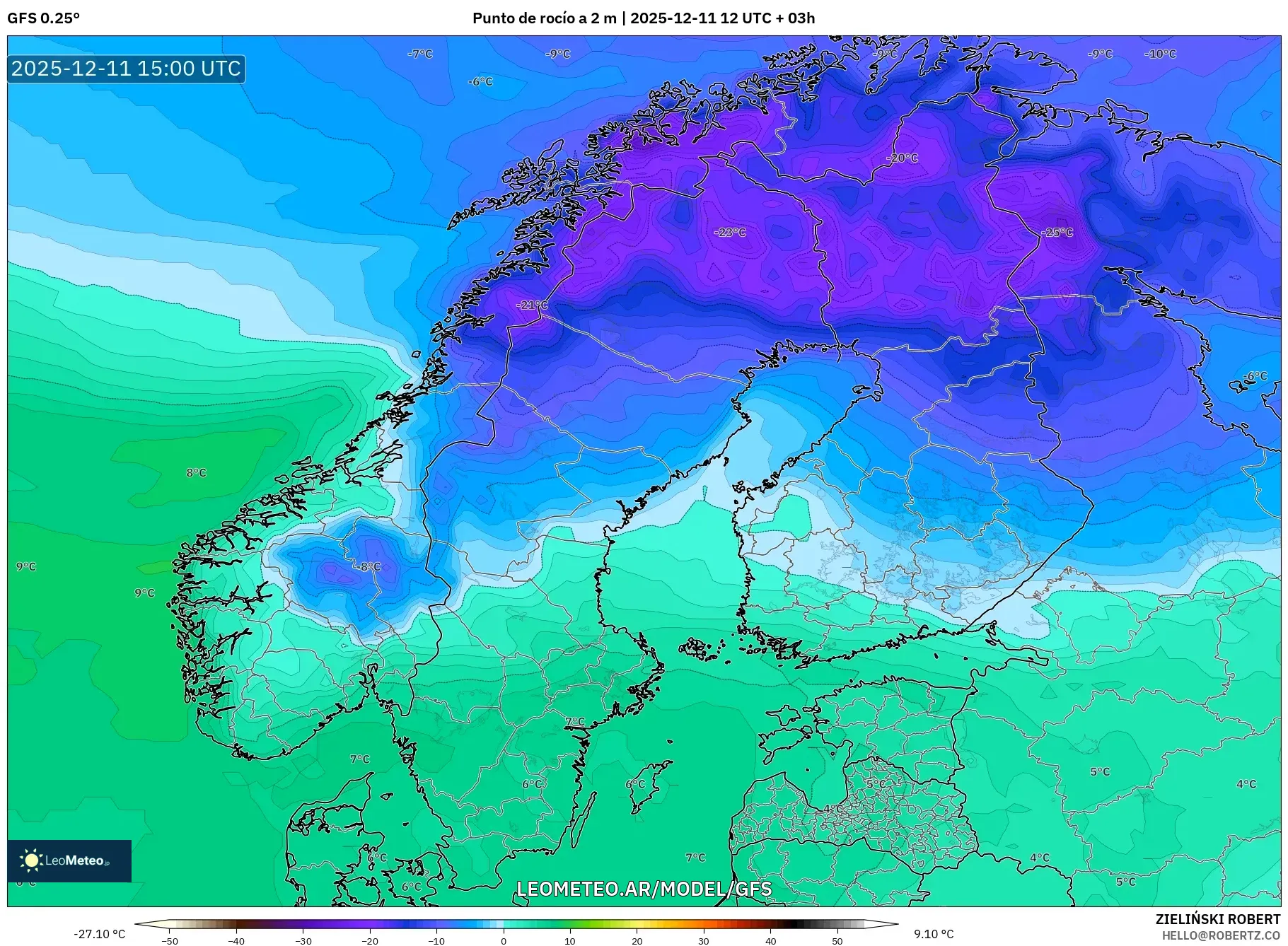 GFS model - Escandinavia, Punto de rocío a 2 m