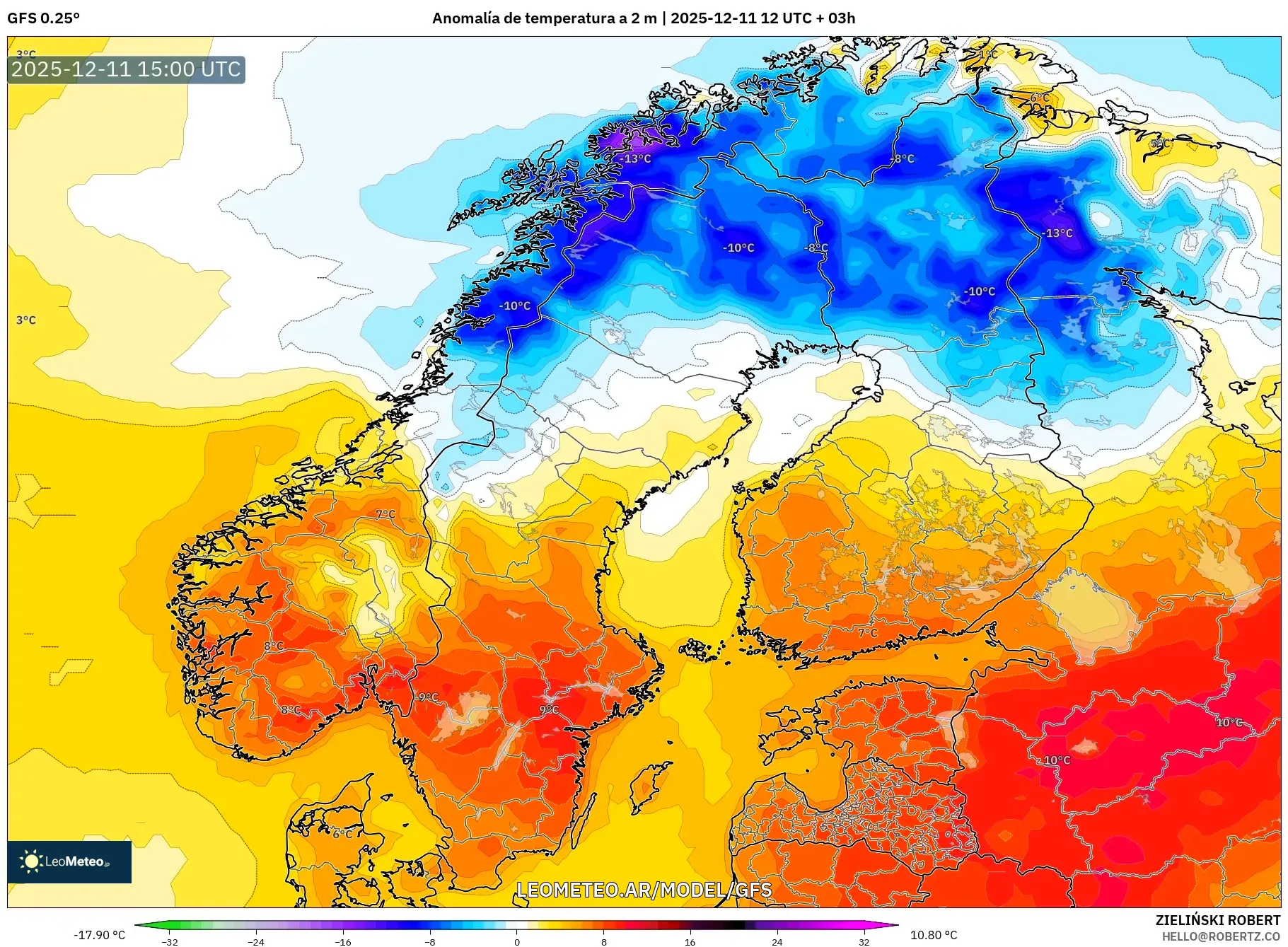 GFS model - Escandinavia, Anomalía de temperatura a 2 m
