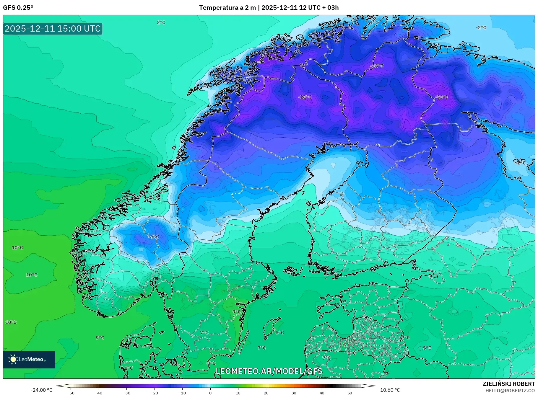 GFS model - Escandinavia, Temperatura a 2 m