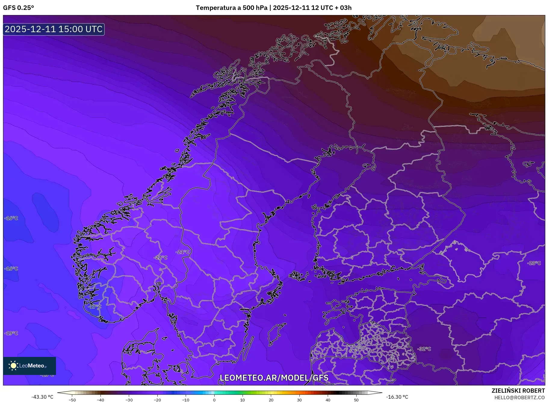 GFS model - Escandinavia, Temperatura a 500 hPa