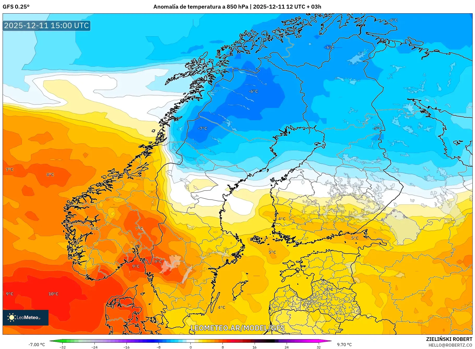 GFS model - Escandinavia, Anomalía de temperatura a 850 hPa