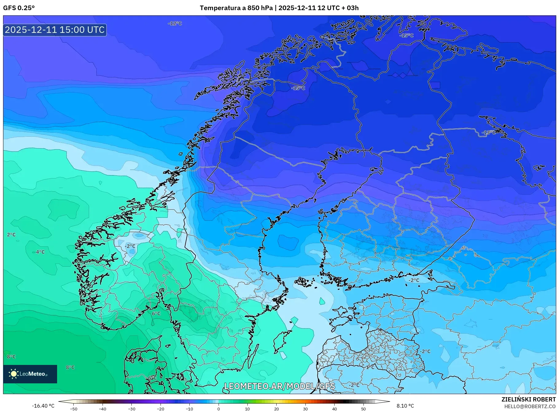 GFS model - Escandinavia, Temperatura a 850 hPa