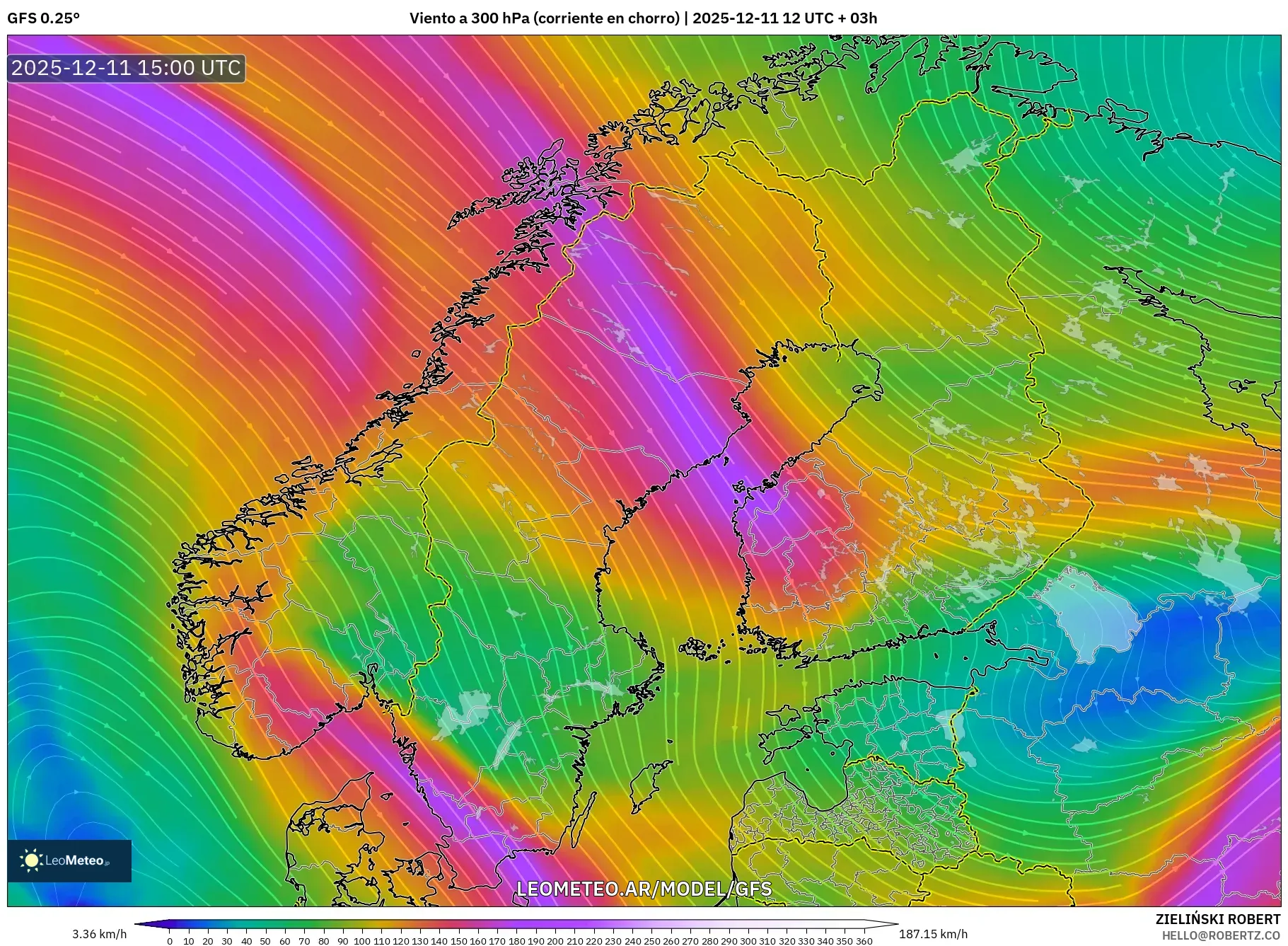 GFS model - Escandinavia, Viento a 300 hPa (corriente en chorro)