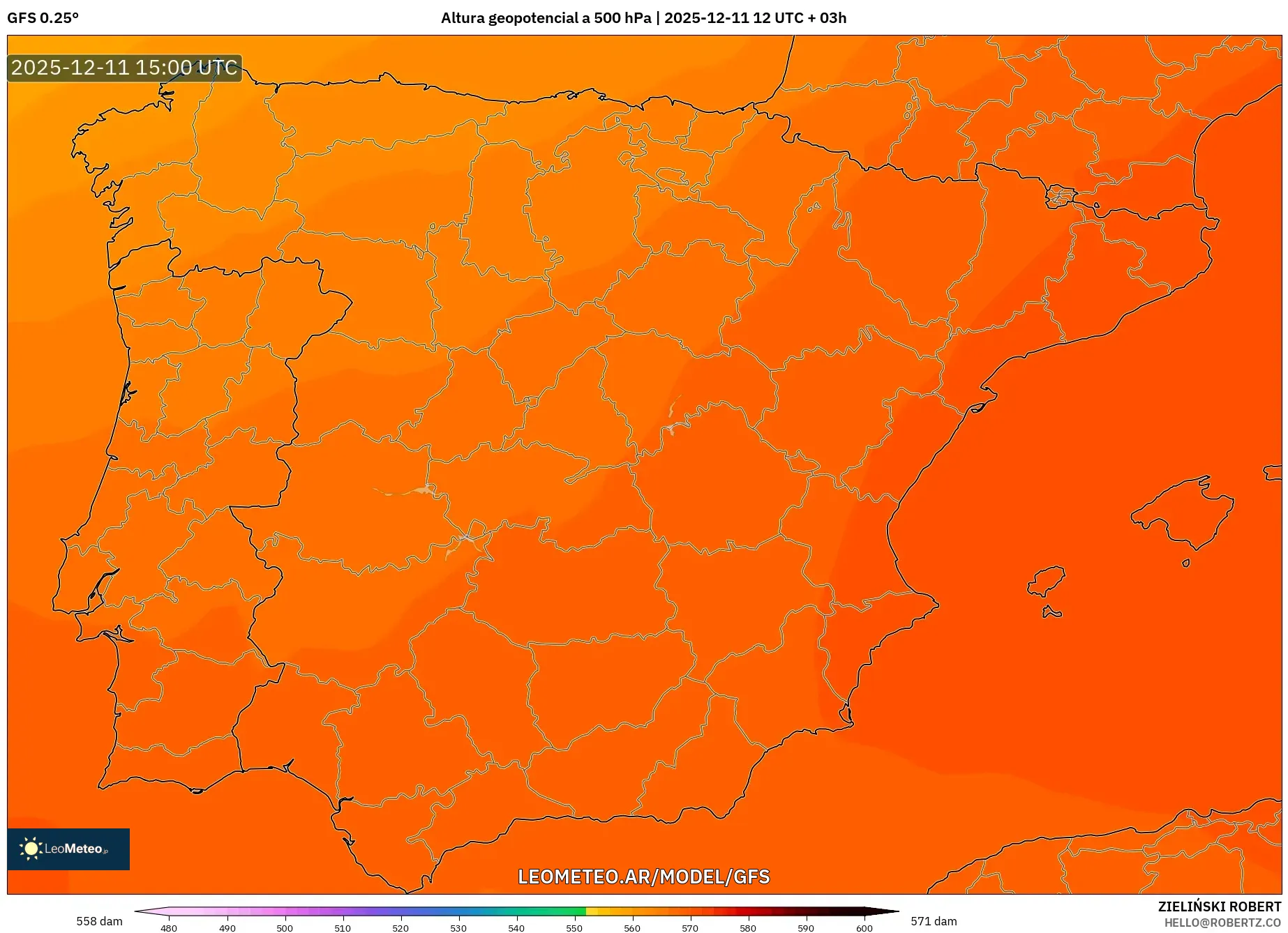 GFS model - España, Altura geopotencial a 500 hPa